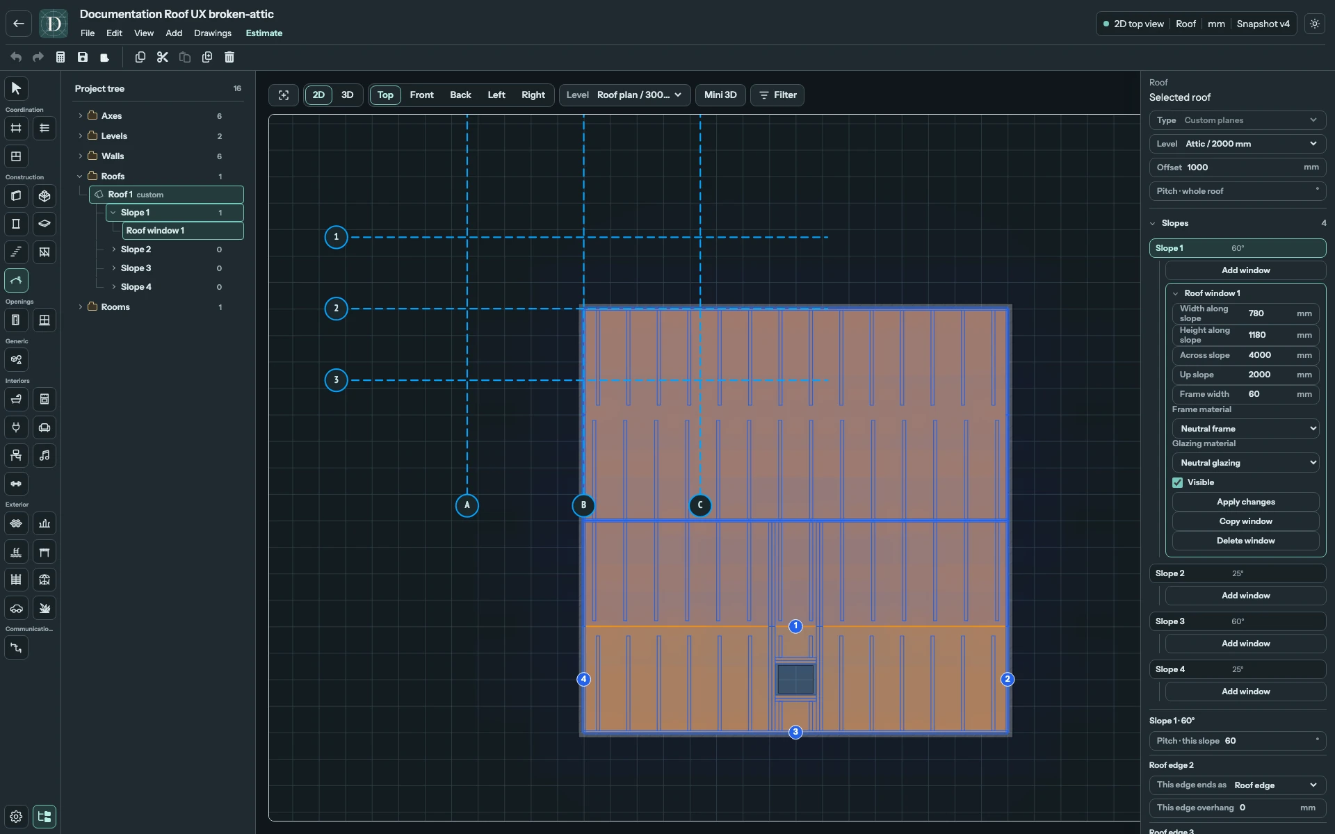 Width and height lie in the slope surface; the plan projection can be shorter. Complete Top editor showing an inclined window within its supporting roof surface.