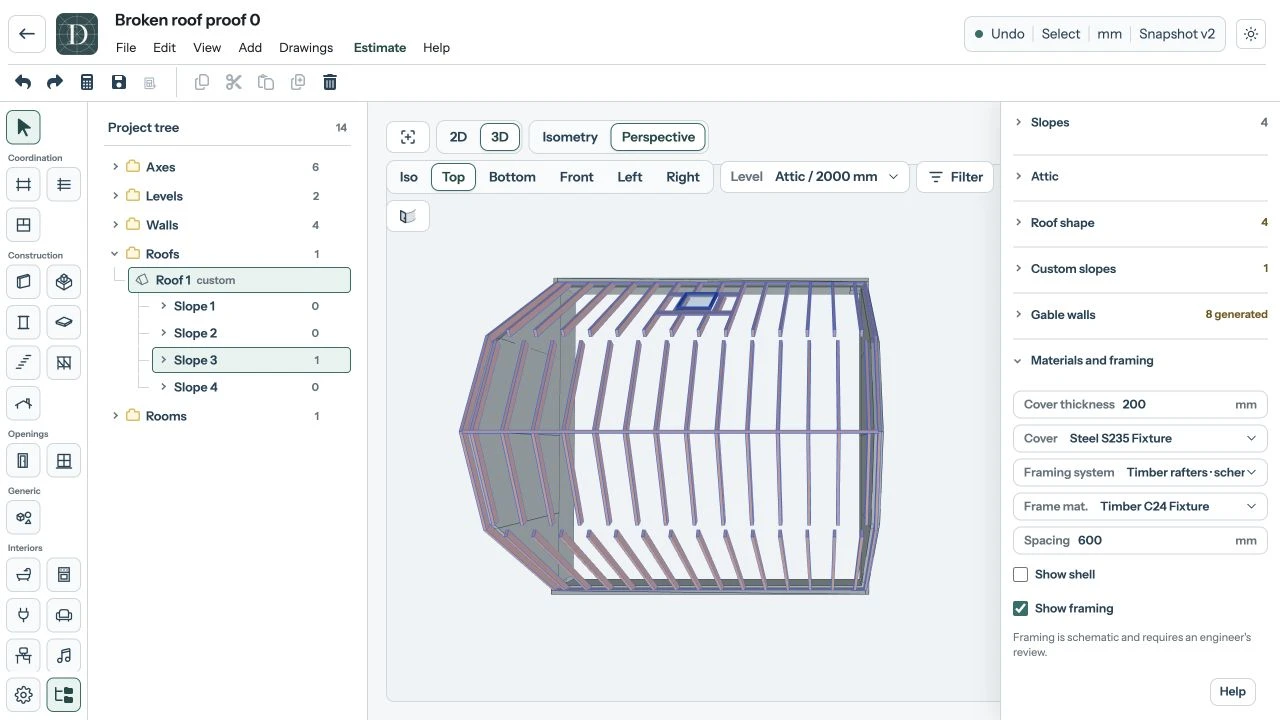 After the opening: the same rafter lines, with local cuts and an opening frame. Complete light-theme editor showing fixed rafter lines interrupted locally around an inclined Roof window.
