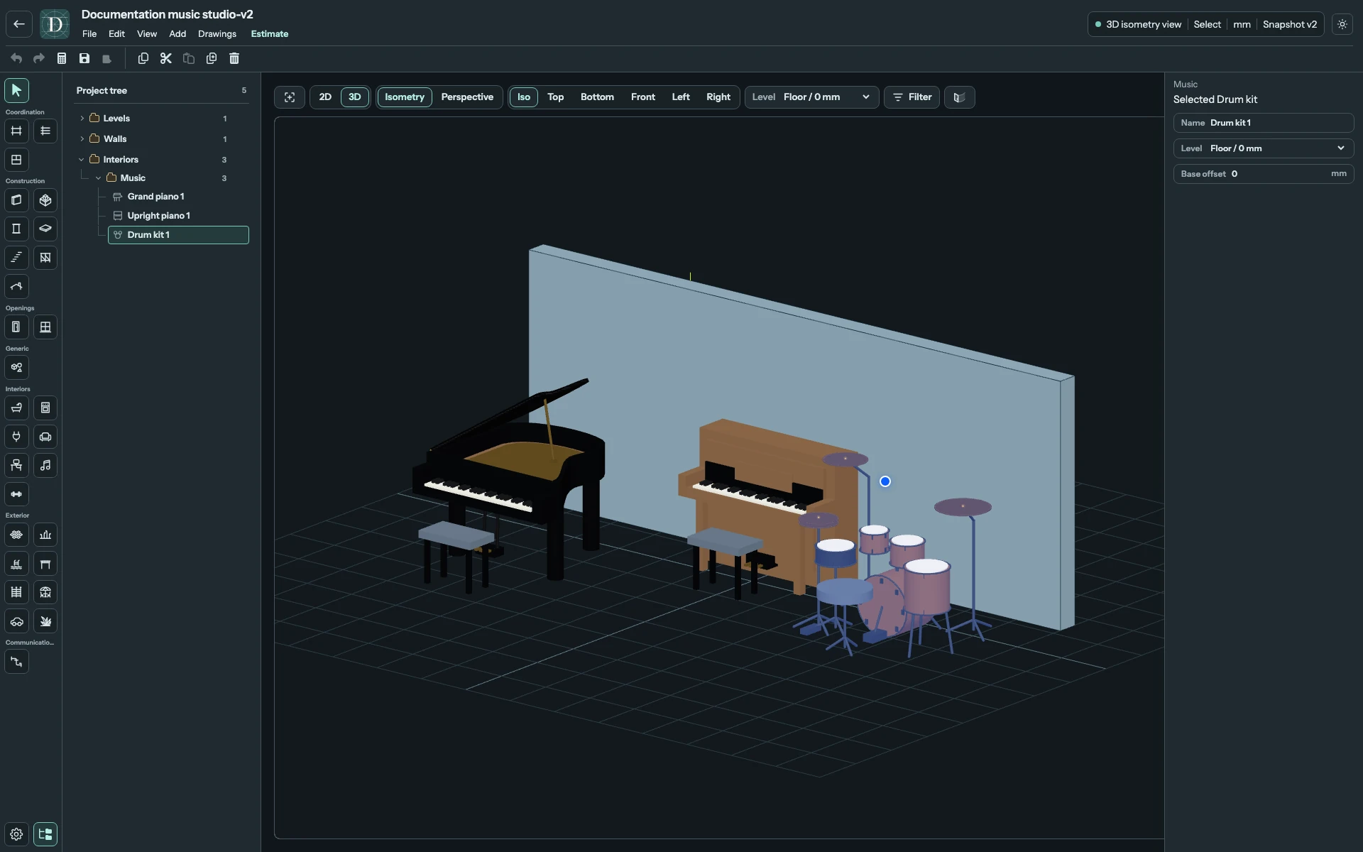 Full editor with Drum kit selected in the 3D studio and its three placement controls visible.