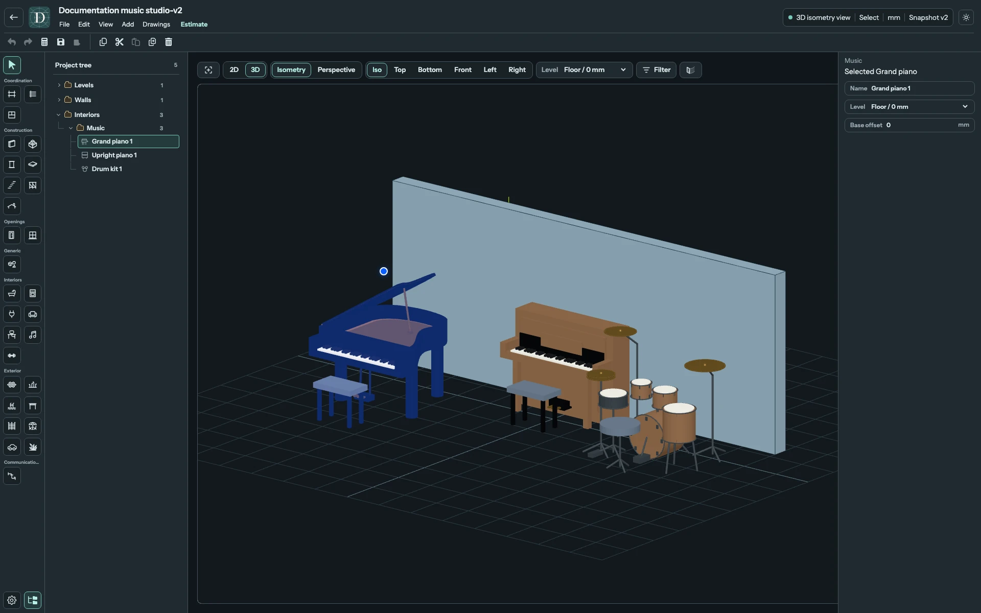 Full editor showing the same instruments in a close 3D studio view.