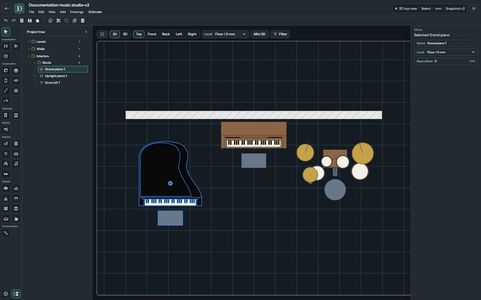 Full editor in Top 2D with the grand piano, upright piano against the Wall, benches and drum kit visible together.