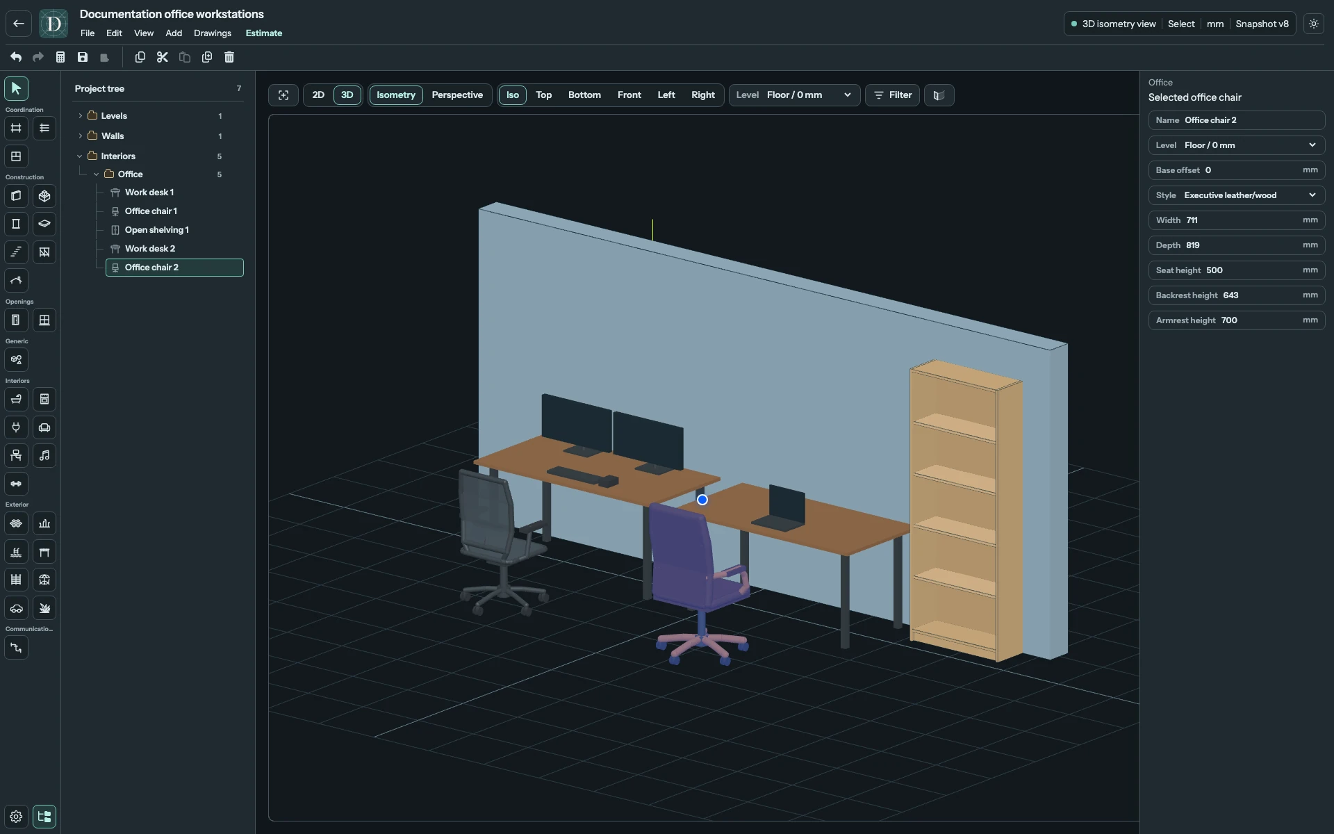 Full editor with the Executive leather/wood chair selected beside the Ergonomic mesh chair and two desks.