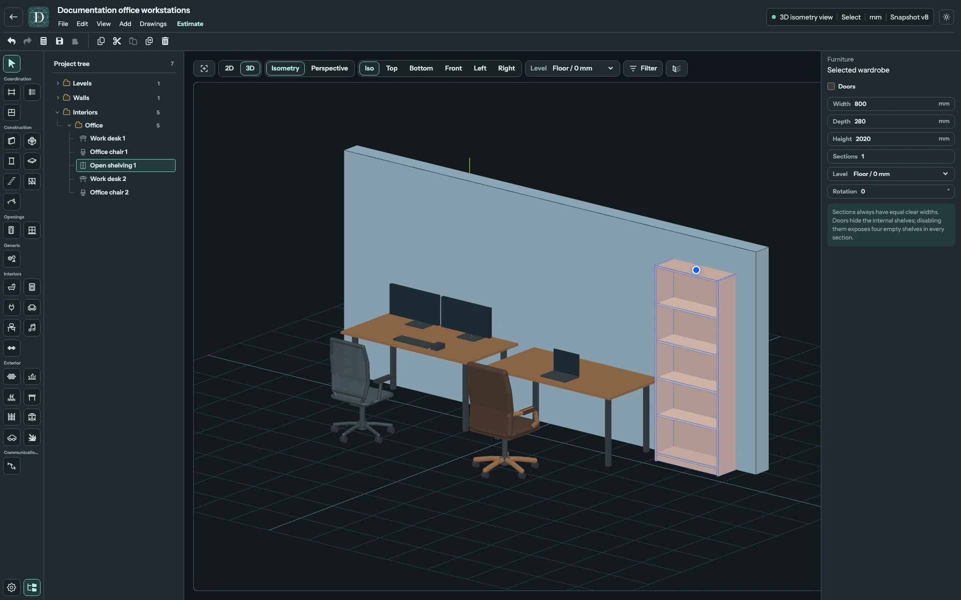 Full editor with the open shelving selected beside the two workstations and its Wardrobe controls visible.