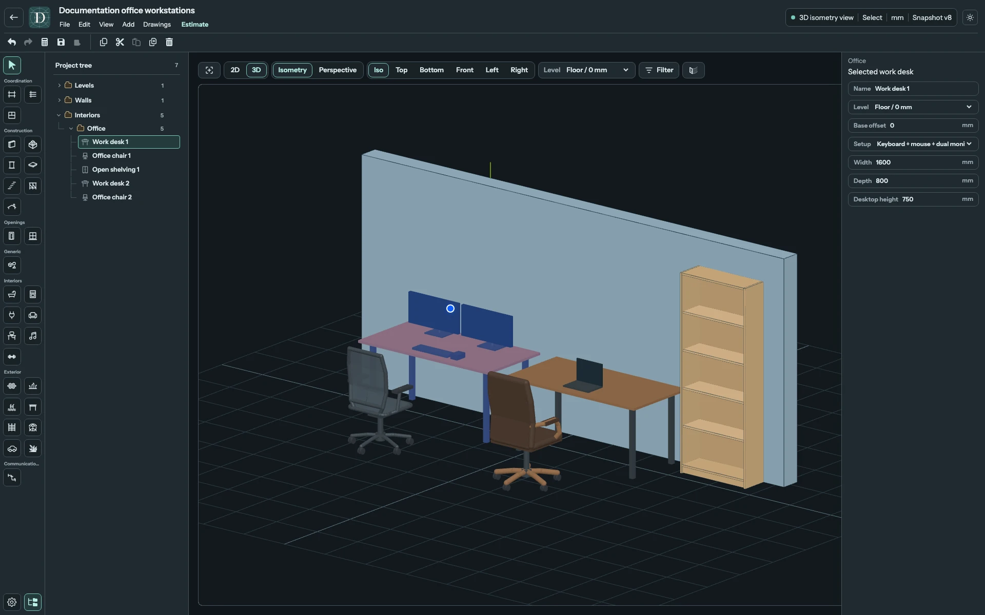 Full editor showing two desks with different equipment, two office chair styles and open shelving, with the dual-monitor desk selected.