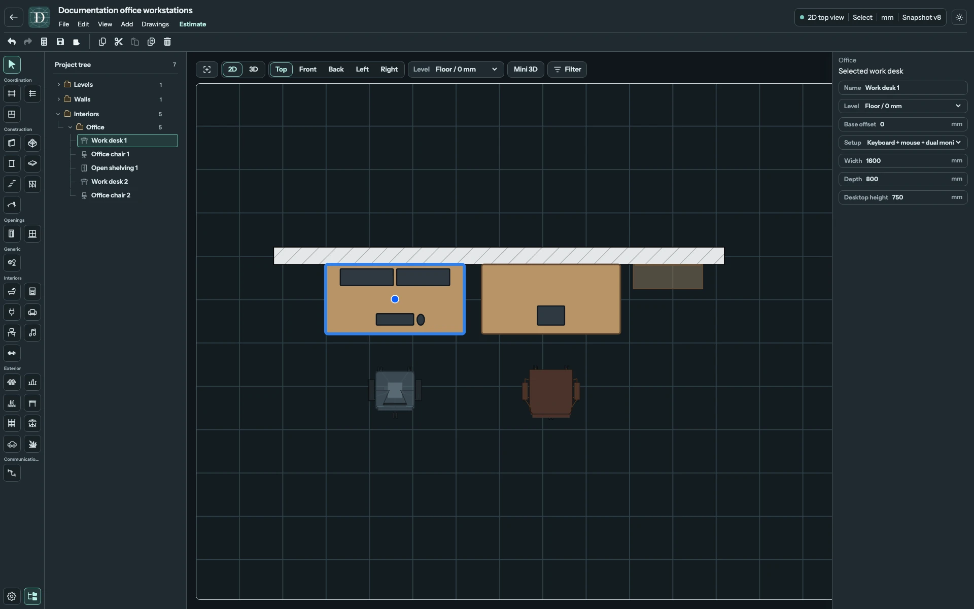 Full Top editor showing desk footprints, their equipment and chairs in front, with open shelving against the same wall.