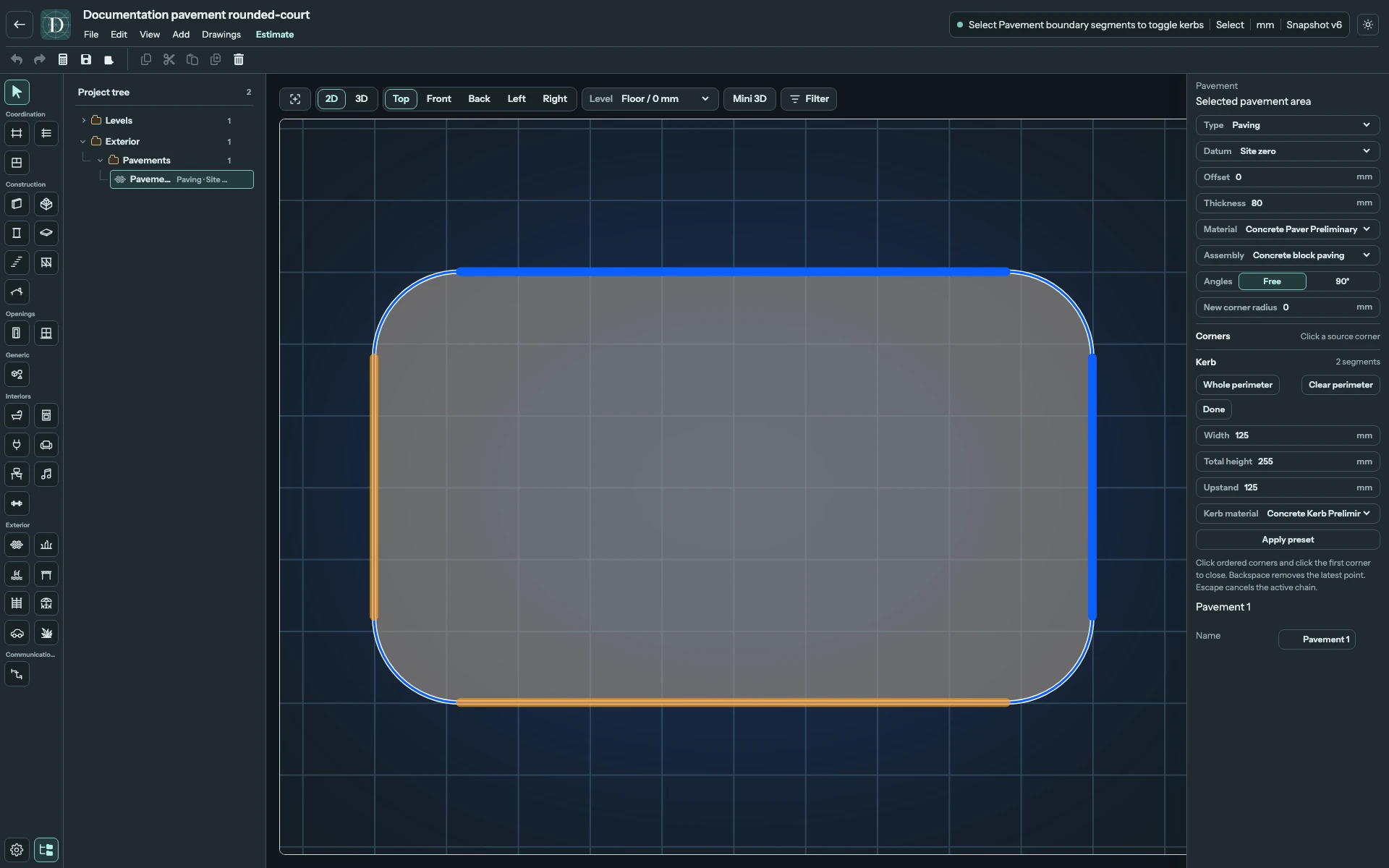 The top and right sides carry the two enabled kerb segments. The other two boundary segments remain available for selection. Complete Top editor focused on kerb-edit mode, two enabled adjoining segments and the Whole perimeter/Clear perimeter/Done controls.