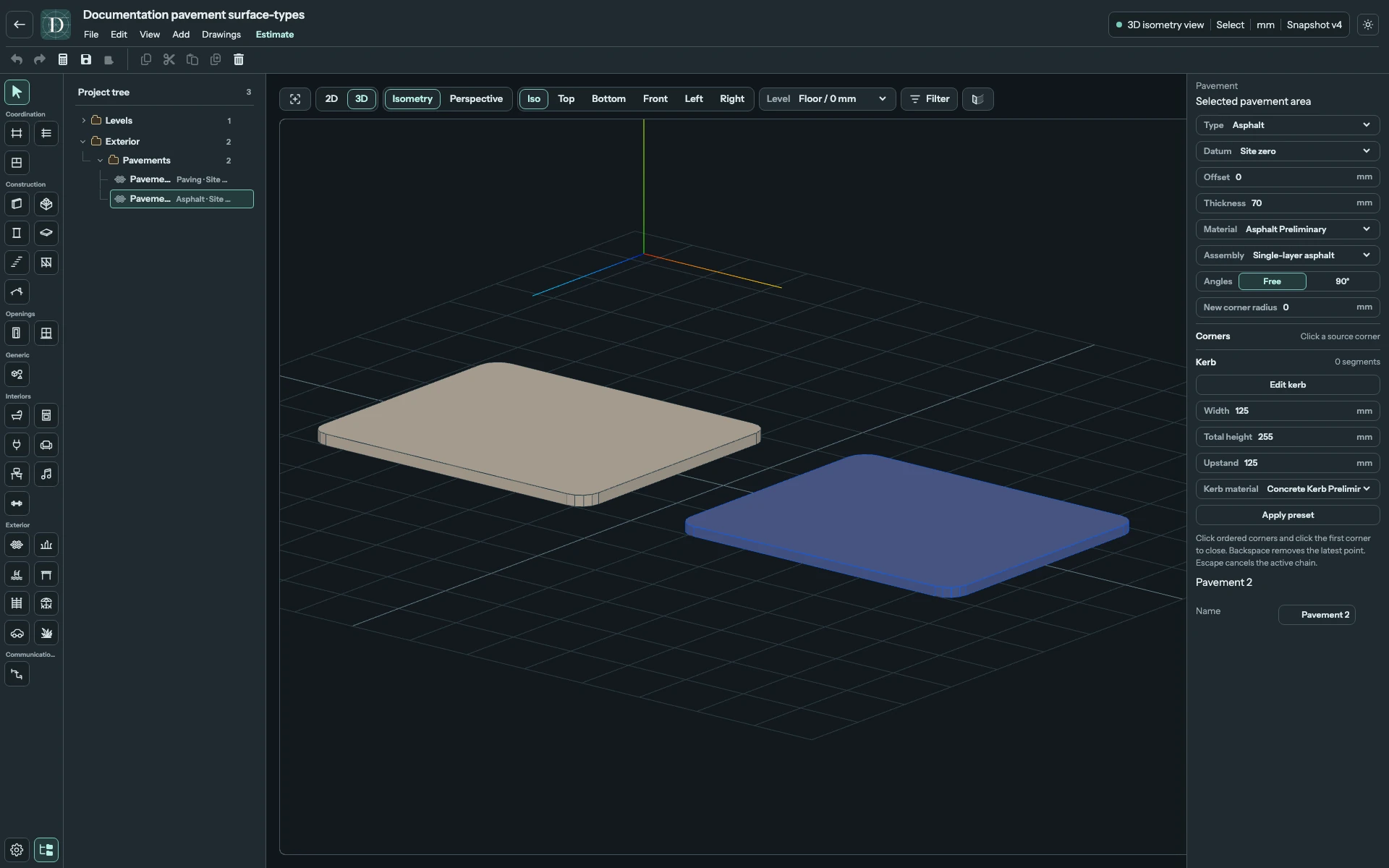 Paving is on the left and Asphalt on the right. The selected surface uses a blue selection highlight; each area has its own thickness and settings. Complete 3D editor focused on separate paving and asphalt samples, with Asphalt selected and its settings visible.