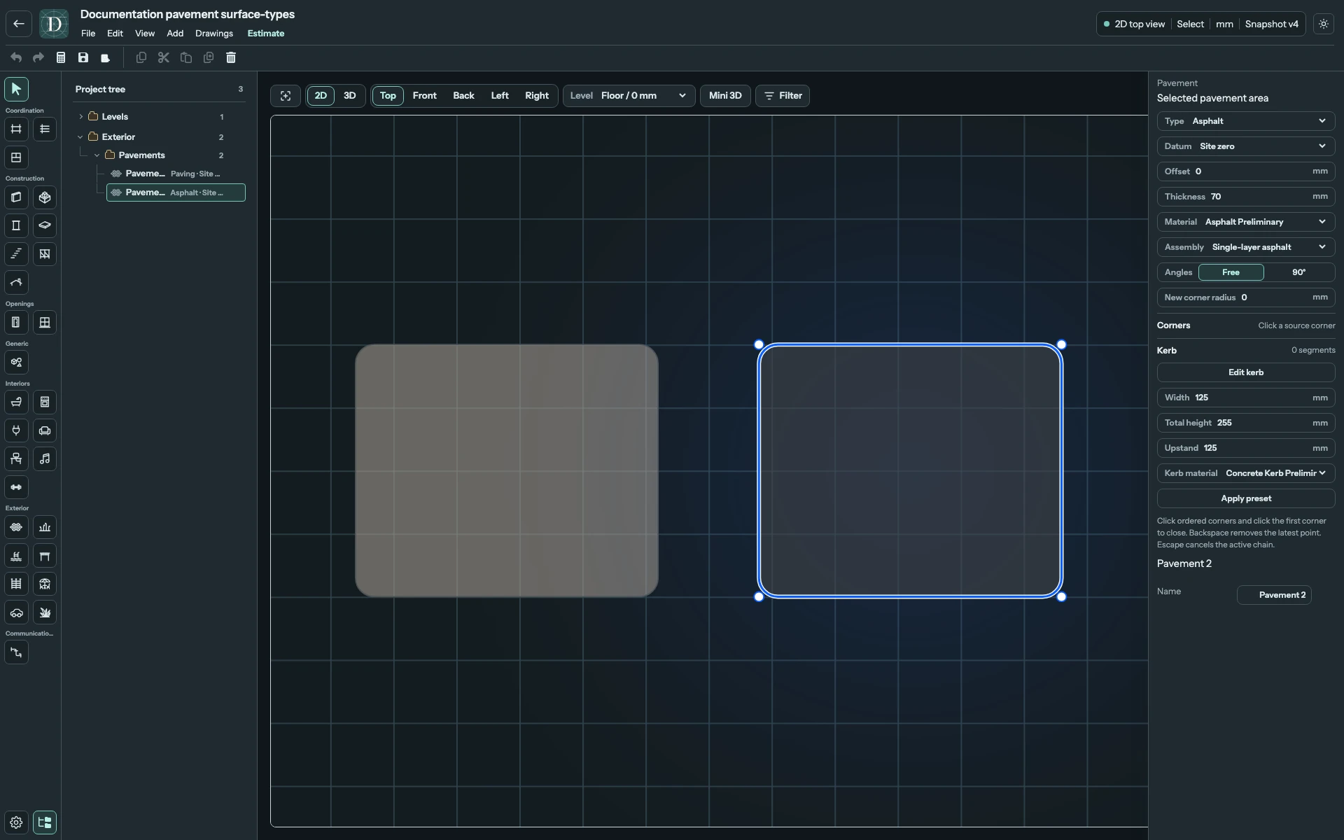 Top shows the footprints. Neither pavement automatically joins or changes the neighboring area. Complete Top editor focused on the same separate paving and asphalt areas with their rounded boundaries.