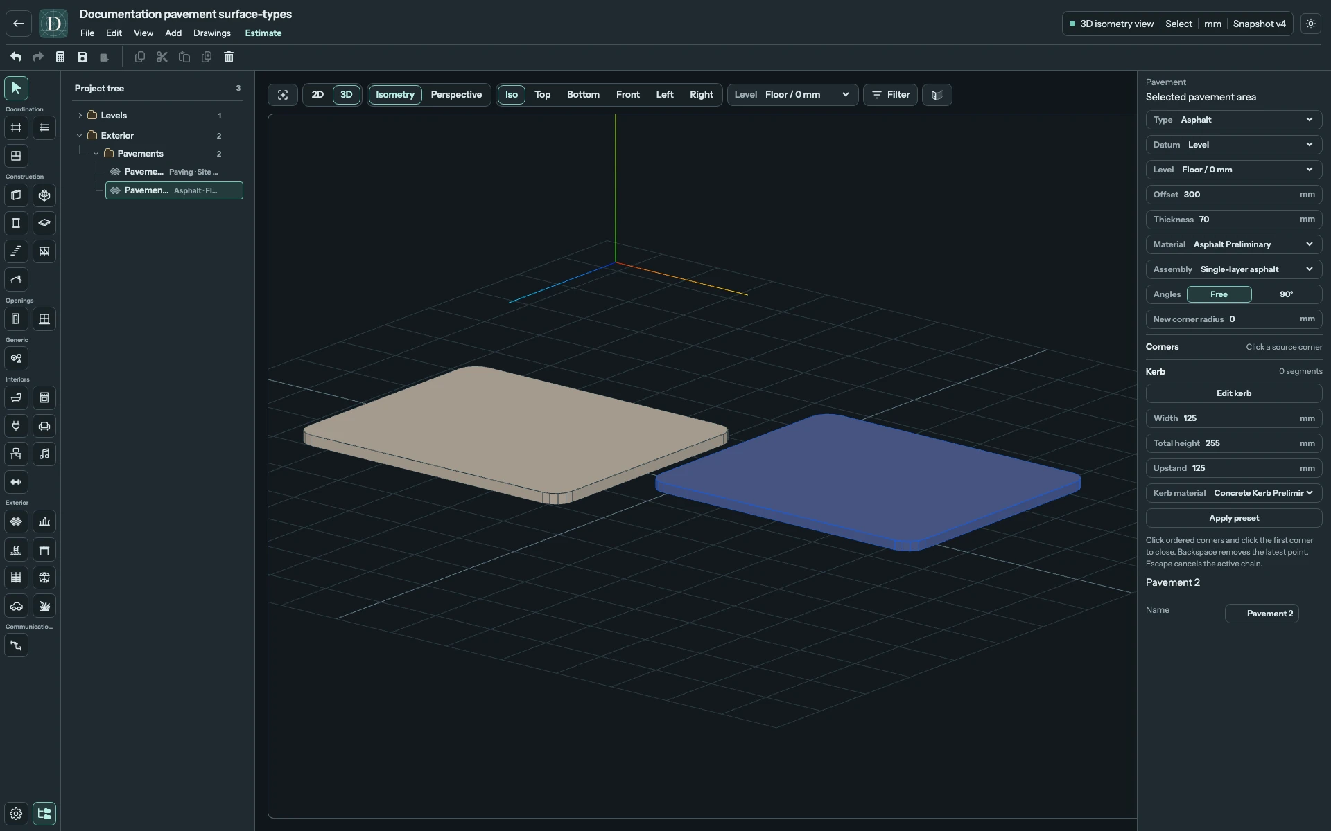 The raised sample keeps its own 70 mm thickness. The elevation difference is not a slope within either surface. Complete 3D editor focused on Asphalt raised 300 mm above the separate paving area, with its Offset visible.