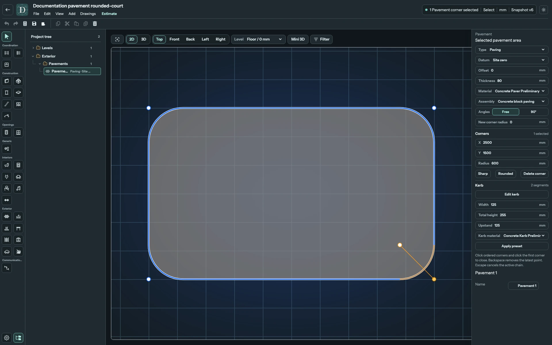 This corner has a 600 mm radius. Its source point remains at X 2500 mm, Y 1500 mm; the arc replaces the sharp boundary corner. Complete Top editor focused on a rounded paving boundary, one selected source corner, its radius handle and the X/Y/Radius fields.