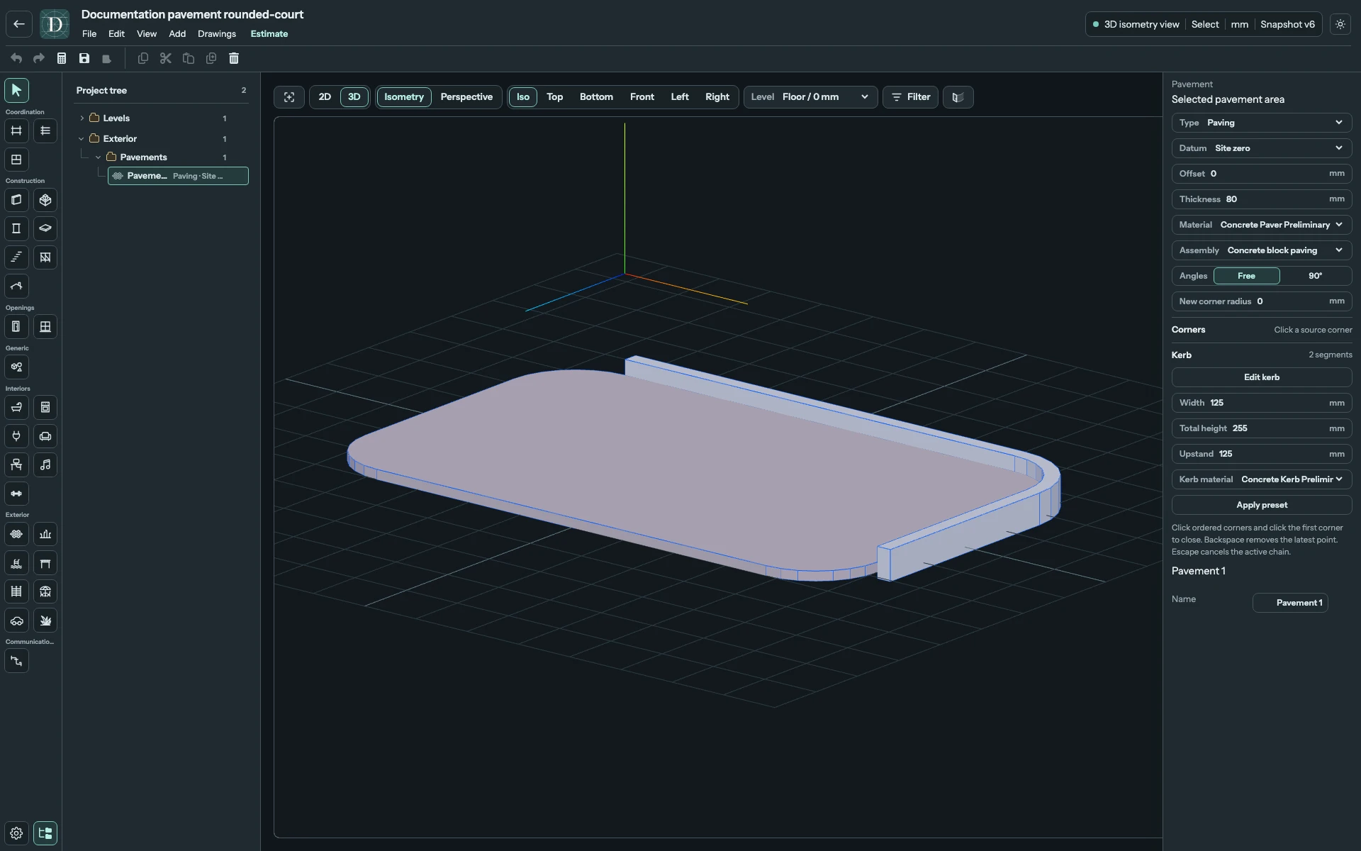 The kerb follows the rounded boundary. Its visible upstand is separate from the pavement's 80 mm thickness. Complete 3D editor focused on the rounded paving surface and two adjoining kerb runs with visible ends and upstand.