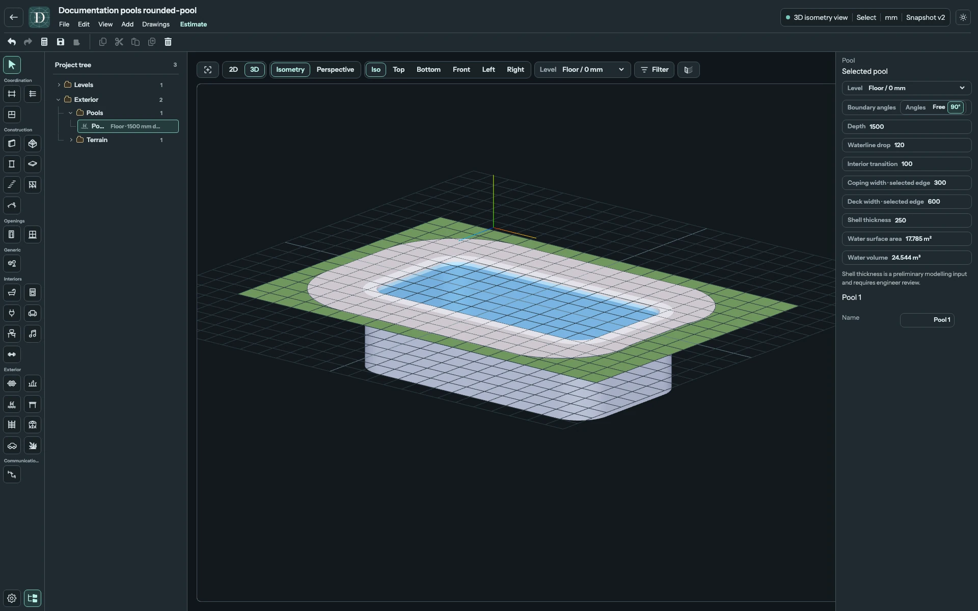 Complete 3D editor focused on the same pool with a narrower deck on one side and its Terrain opening.