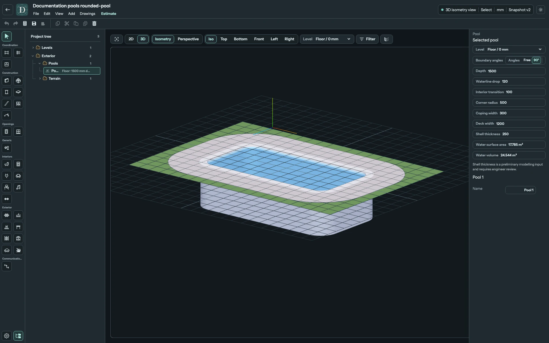 Complete 3D editor focused on the rounded pool cavity, water below the coping, surrounding deck and grass Terrain.