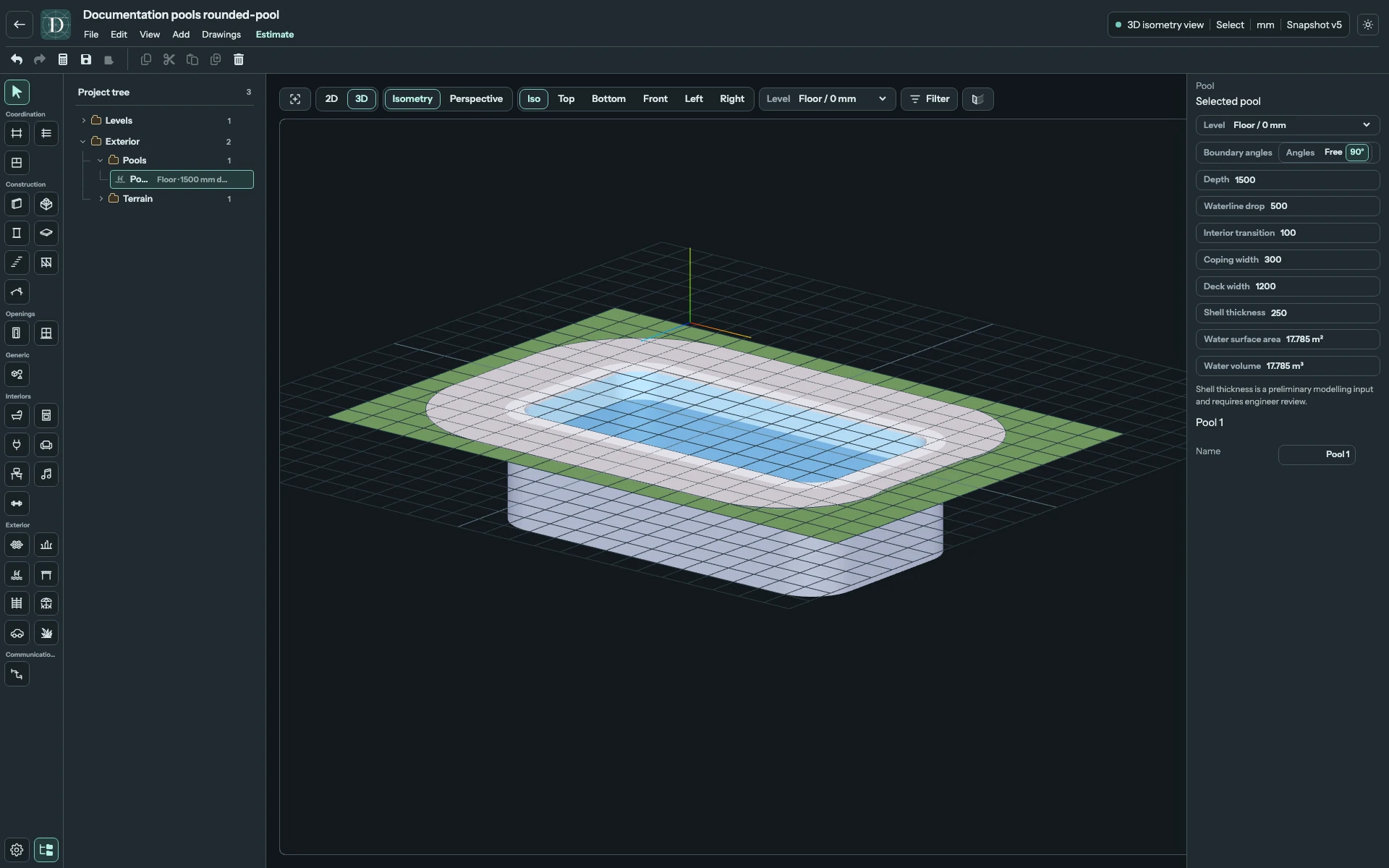 Complete 3D editor focused on the same pool with Waterline drop increased to 500 mm and the resulting water volume visible.