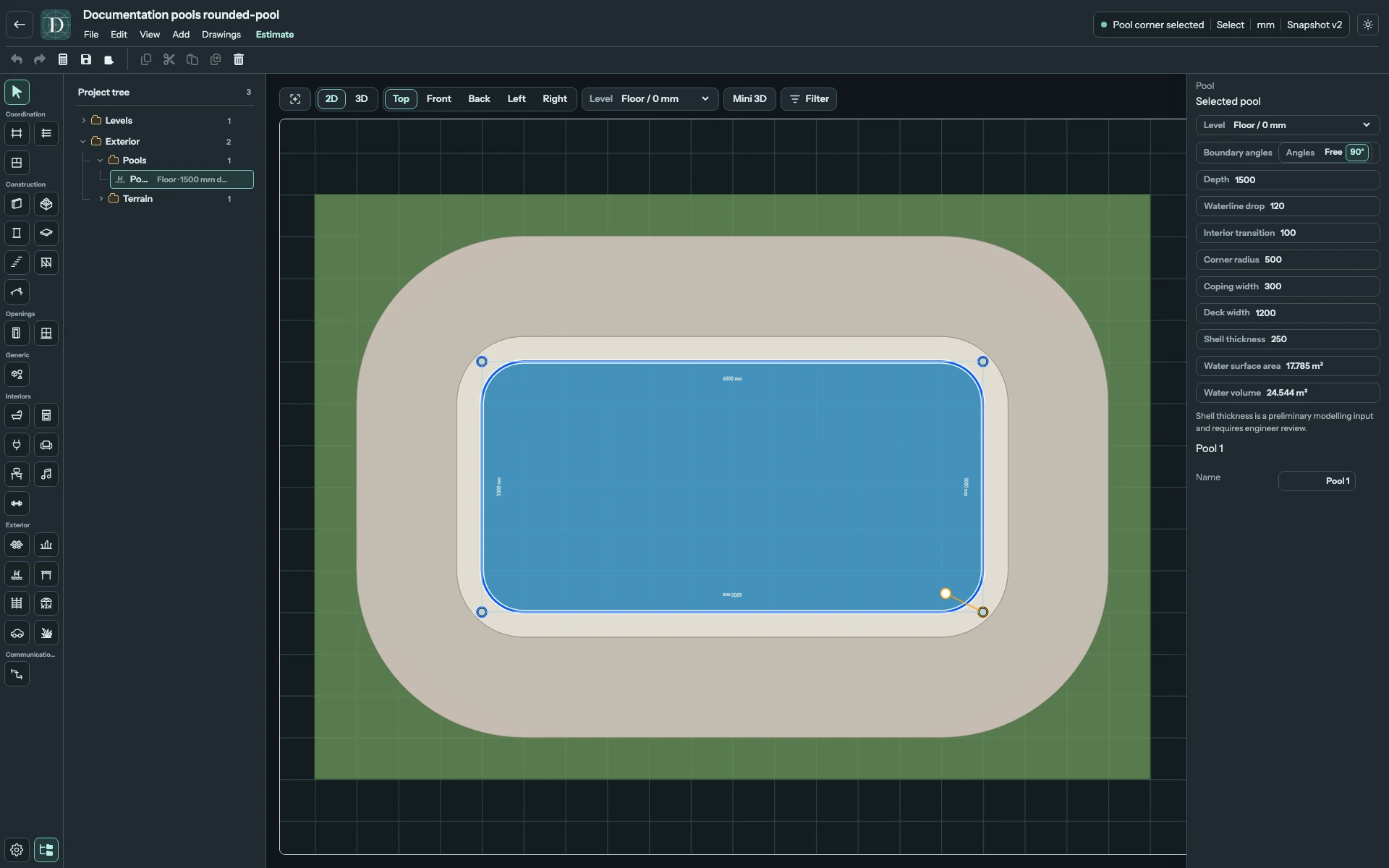 Complete Top editor focused on a rounded pool, one selected corner, its radius handle and all pool settings.