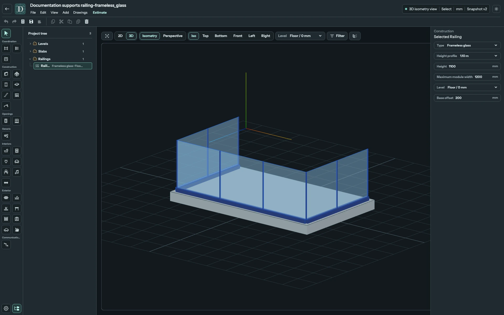Full 3D editor focused on Frameless glass on the same platform route.