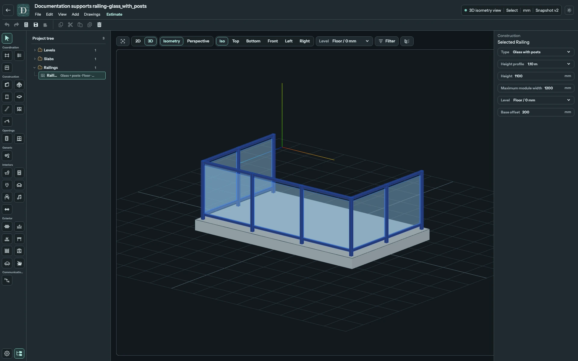 Full 3D editor focused on Glass with posts around the platform.