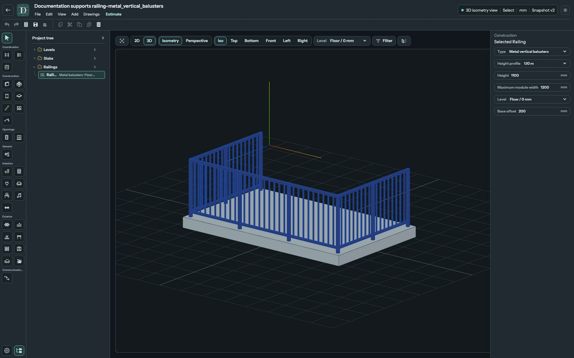 Full 3D editor focused on a Metal vertical balusters Railing.