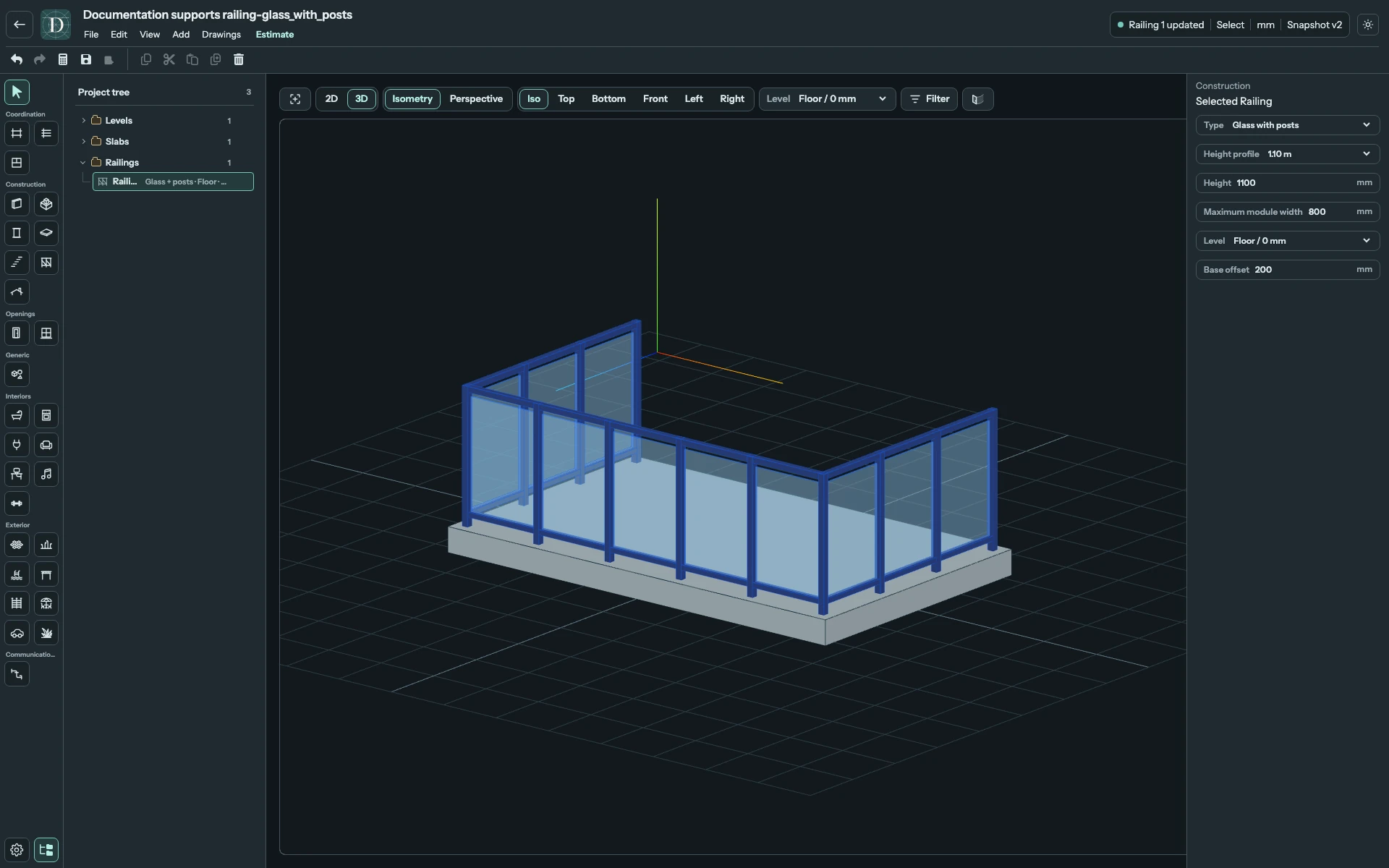 Full 3D editor focused on the same Glass with posts route after setting Maximum module width to 800 mm.