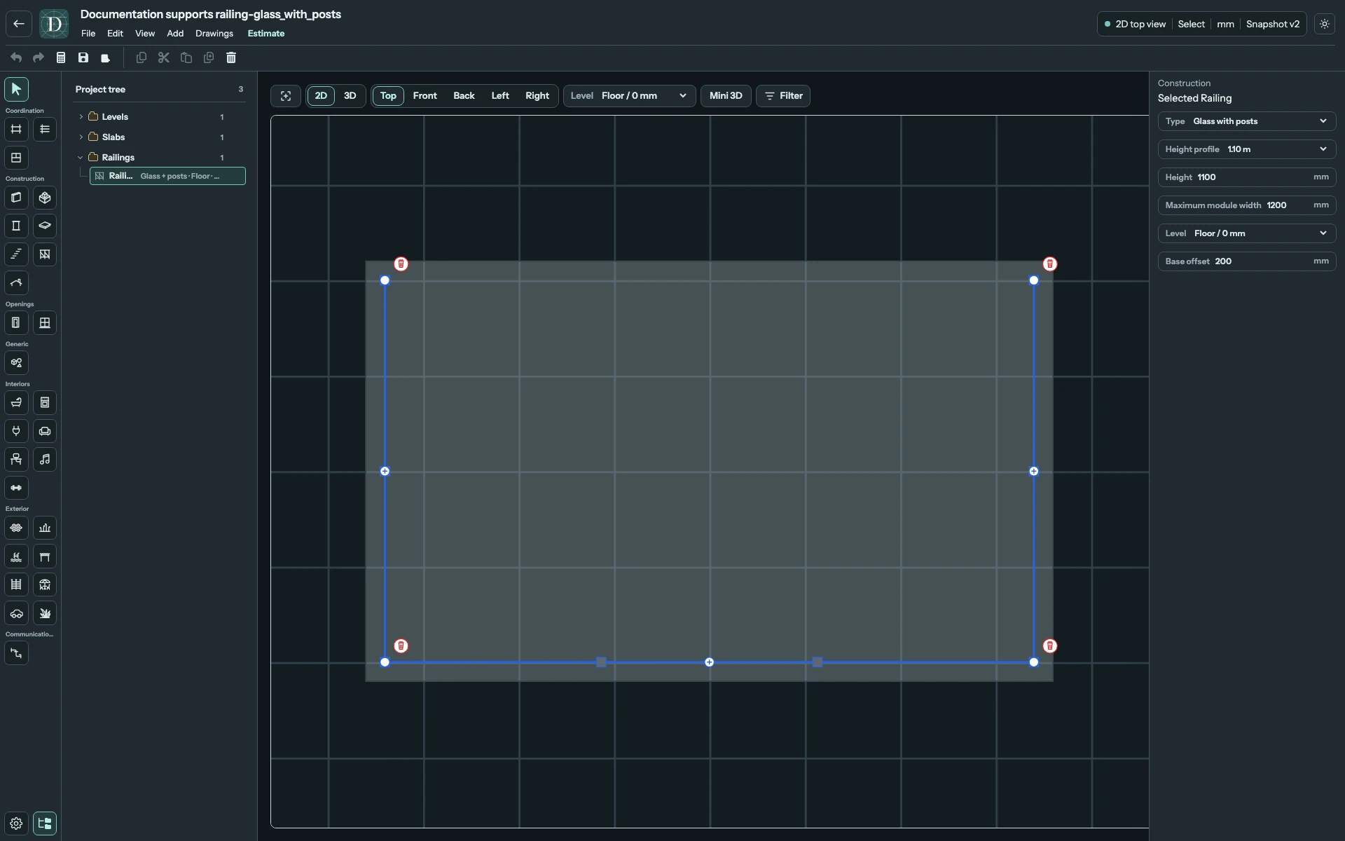 Full Top editor focused on a four-point Railing route around three edges of a platform, with route grips and insertion/deletion controls.