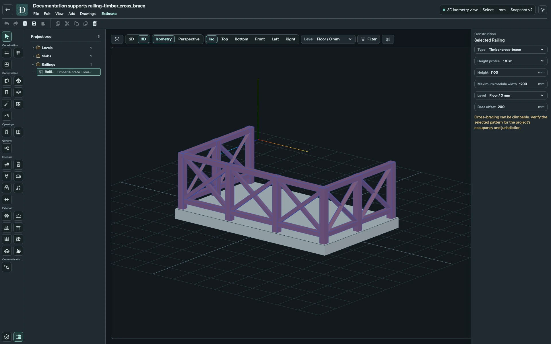 Full 3D editor focused on Timber cross-brace and its warning in the panel.