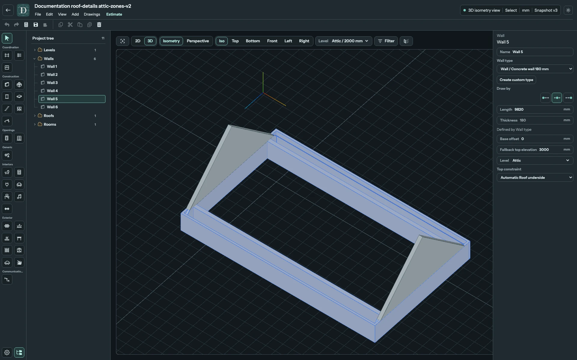 Roof shell and framing are hidden to expose the new Walls. Wall 5 is bound to Attic and uses Automatic Roof underside; its fallback top is not the active roof-trimmed height. Complete 3D editor showing two ordinary Knee Walls along the low sides of the attic, with one selected in the Wall inspector.