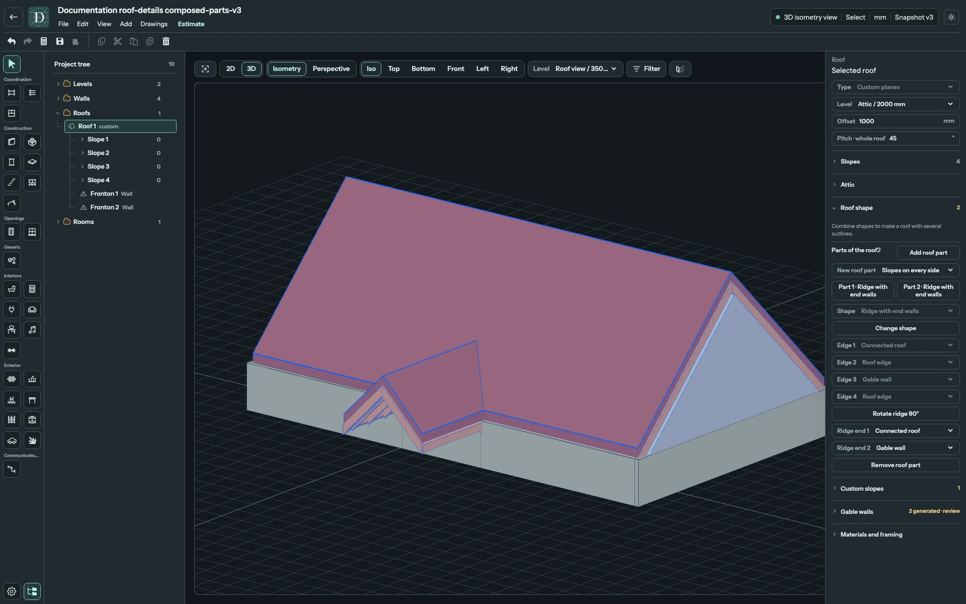 Complete 3D editor showing the narrow Gable branch joining the main roof.