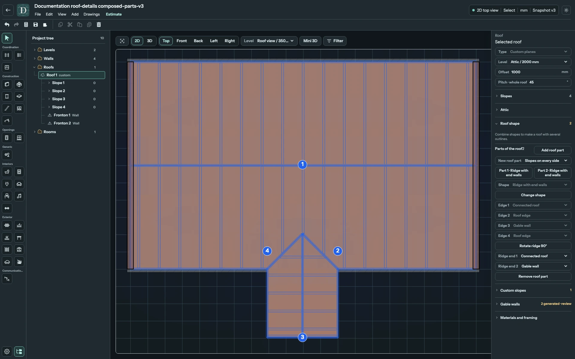 Complete Top editor showing a main Gable roof and a connected narrow Gable branch.