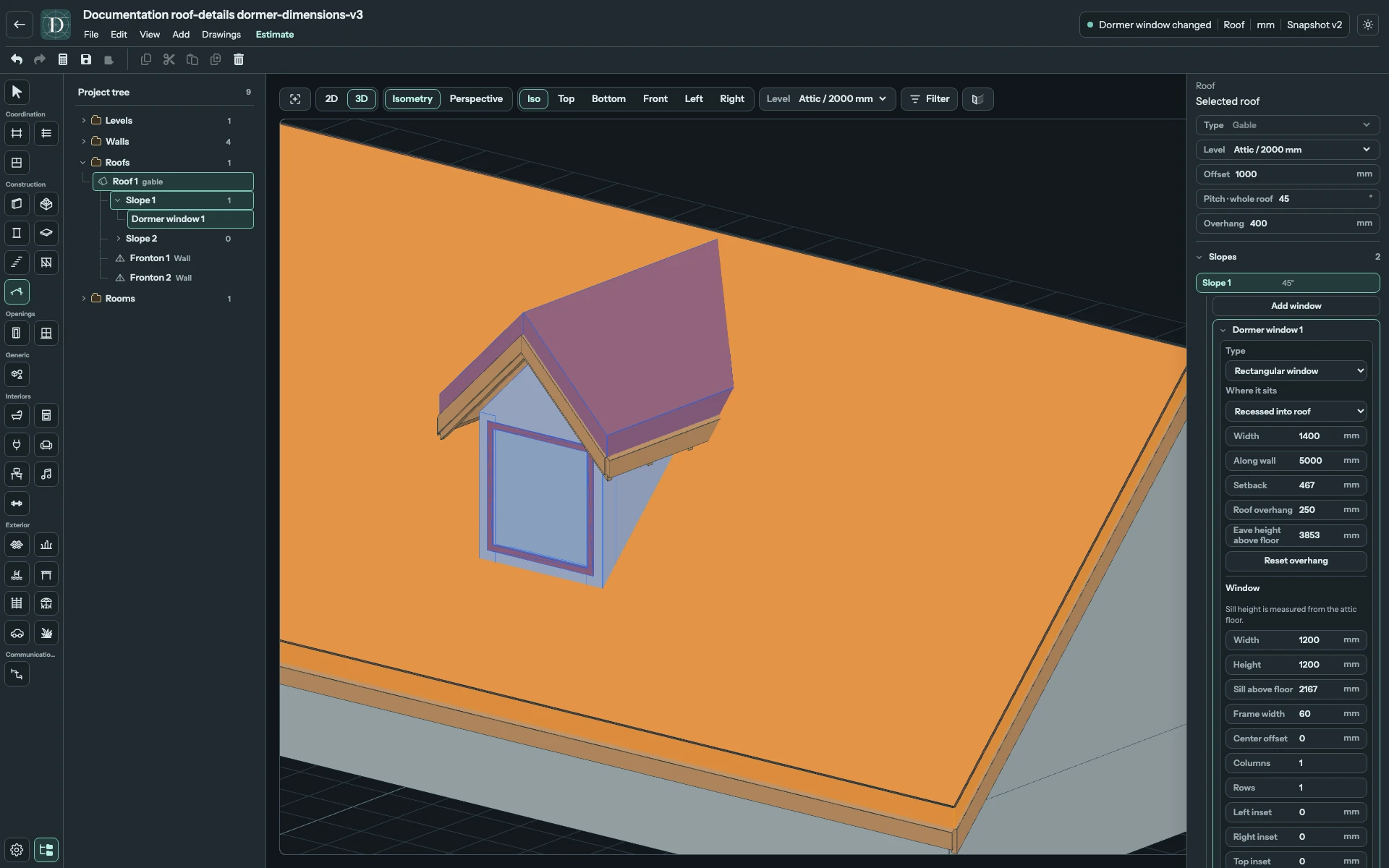 Same selected dormer after changing Window Width and Height to 1200.