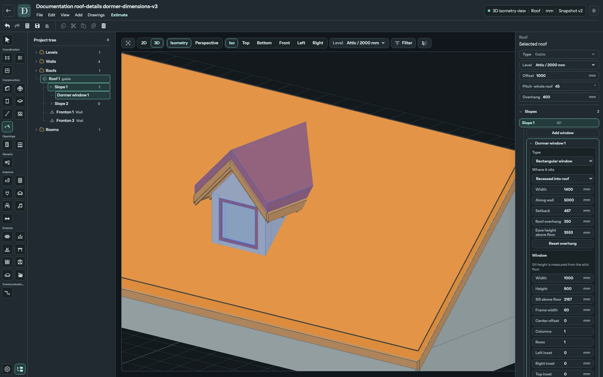 Complete 3D editor focused on a rectangular dormer with Window Width 1000, Height 900 and Sill above floor 2167.