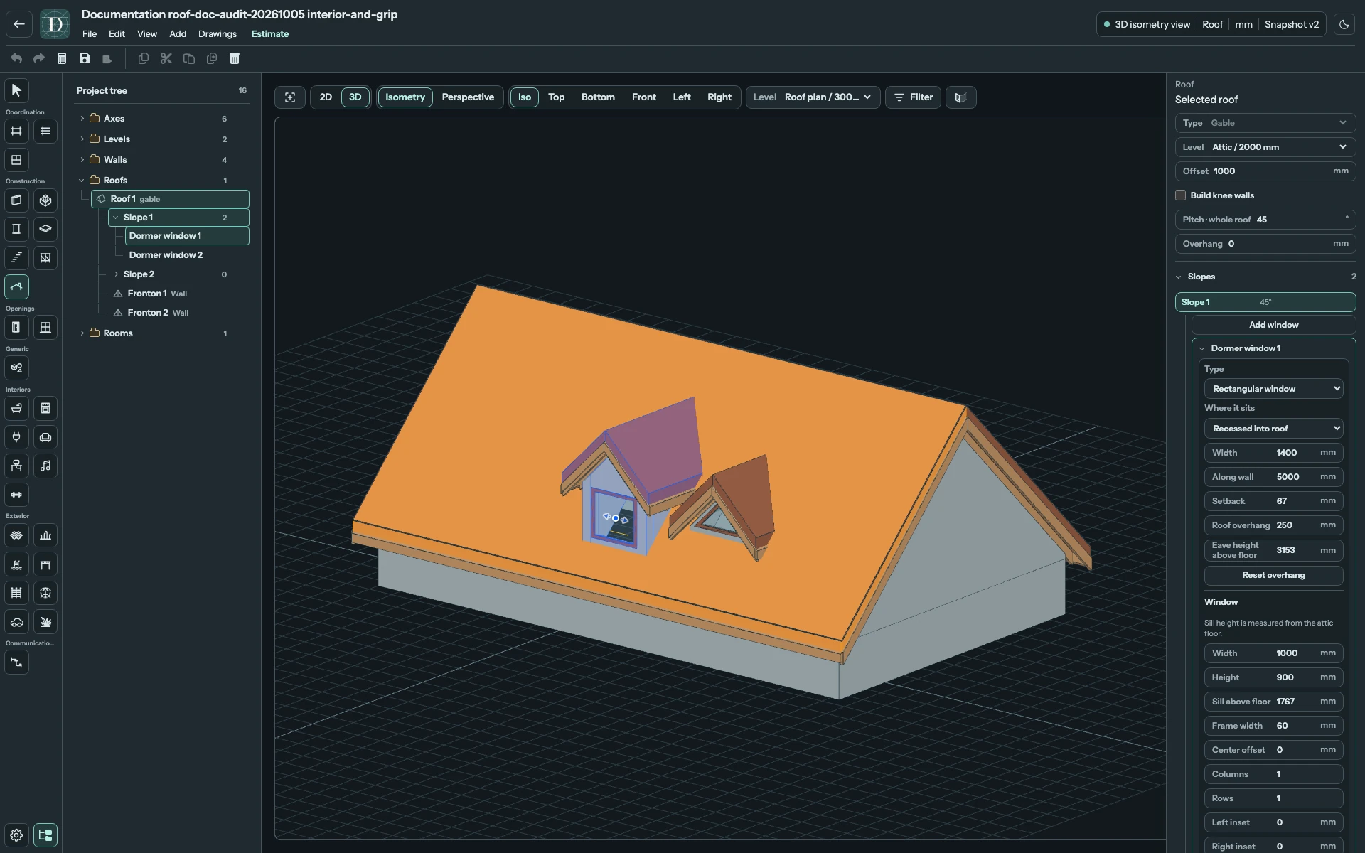 Complete 3D editor showing a selected dormer and its central left-right movement grip.