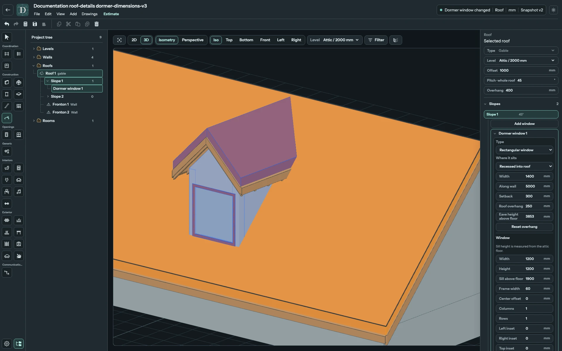Complete 3D editor focused on the same enlarged dormer after lowering its sill to 1900, with Setback 300 visible.