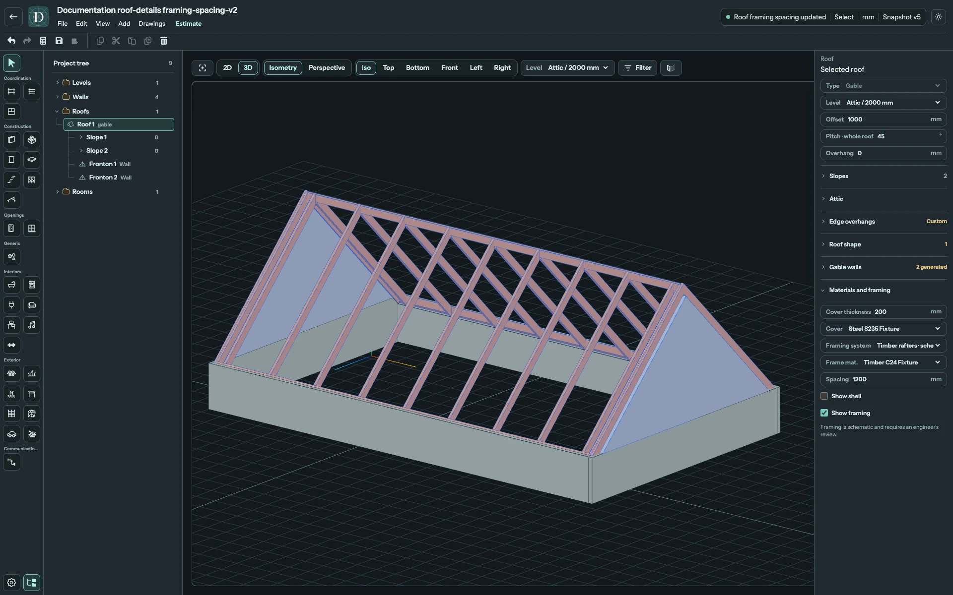After: fewer members on the same roof with Spacing 1200. Same Gable study with timber framing at 1200 mm spacing.