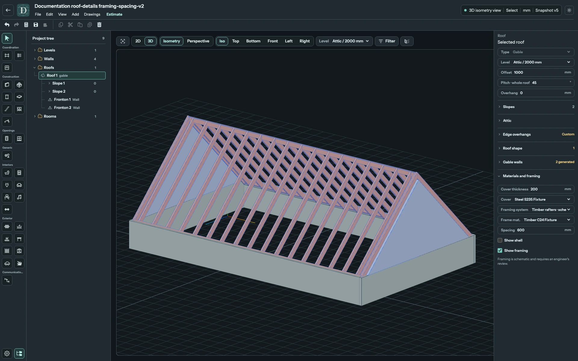 Before: closely spaced timber rafters, with Spacing 600 visible in the panel. Complete 3D editor with a Gable roof shell hidden and timber framing at 600 mm spacing.