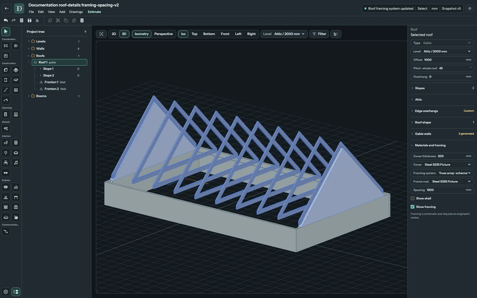Changing Framing system rebuilds the array as schematic trusses, including lower ties. Complete 3D editor showing a Gable truss array with the shell hidden.