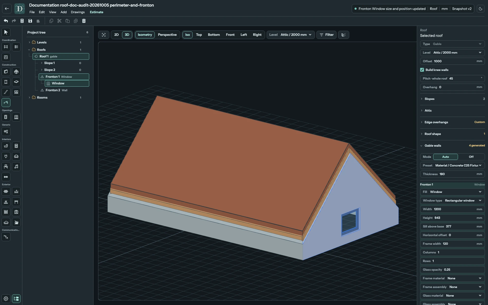 Complete 3D editor showing a rectangular window within a gable wall and its dimensions in the selected Fronton panel.