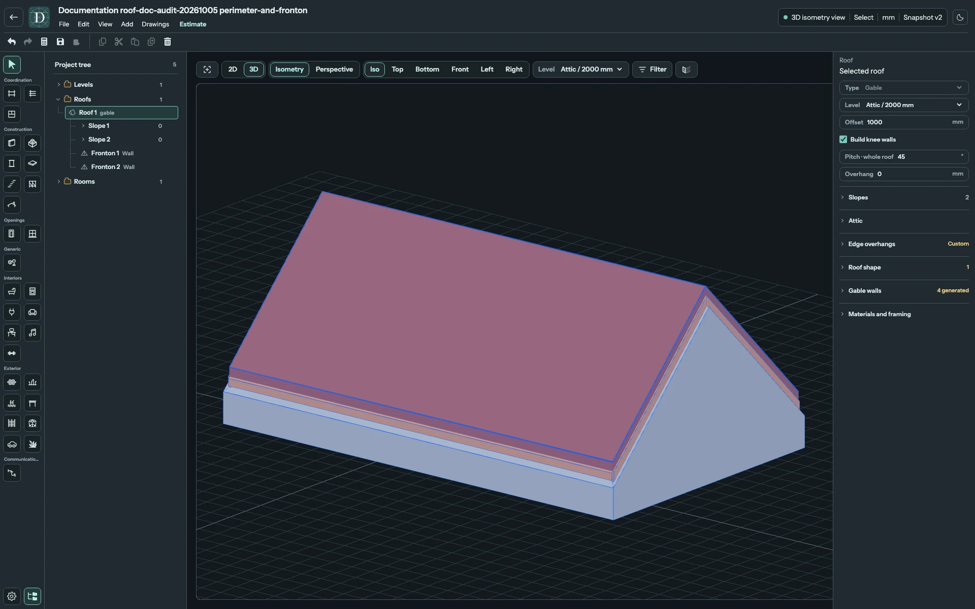 Complete 3D editor showing a raised Roof with Build knee walls enabled and its generated perimeter walls.