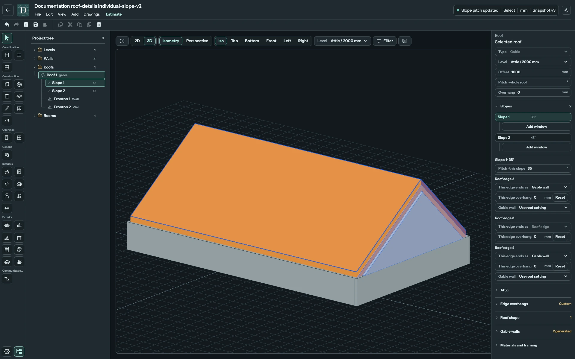 Complete 3D editor showing the same Gable after changing one selected slope to 35 degrees.