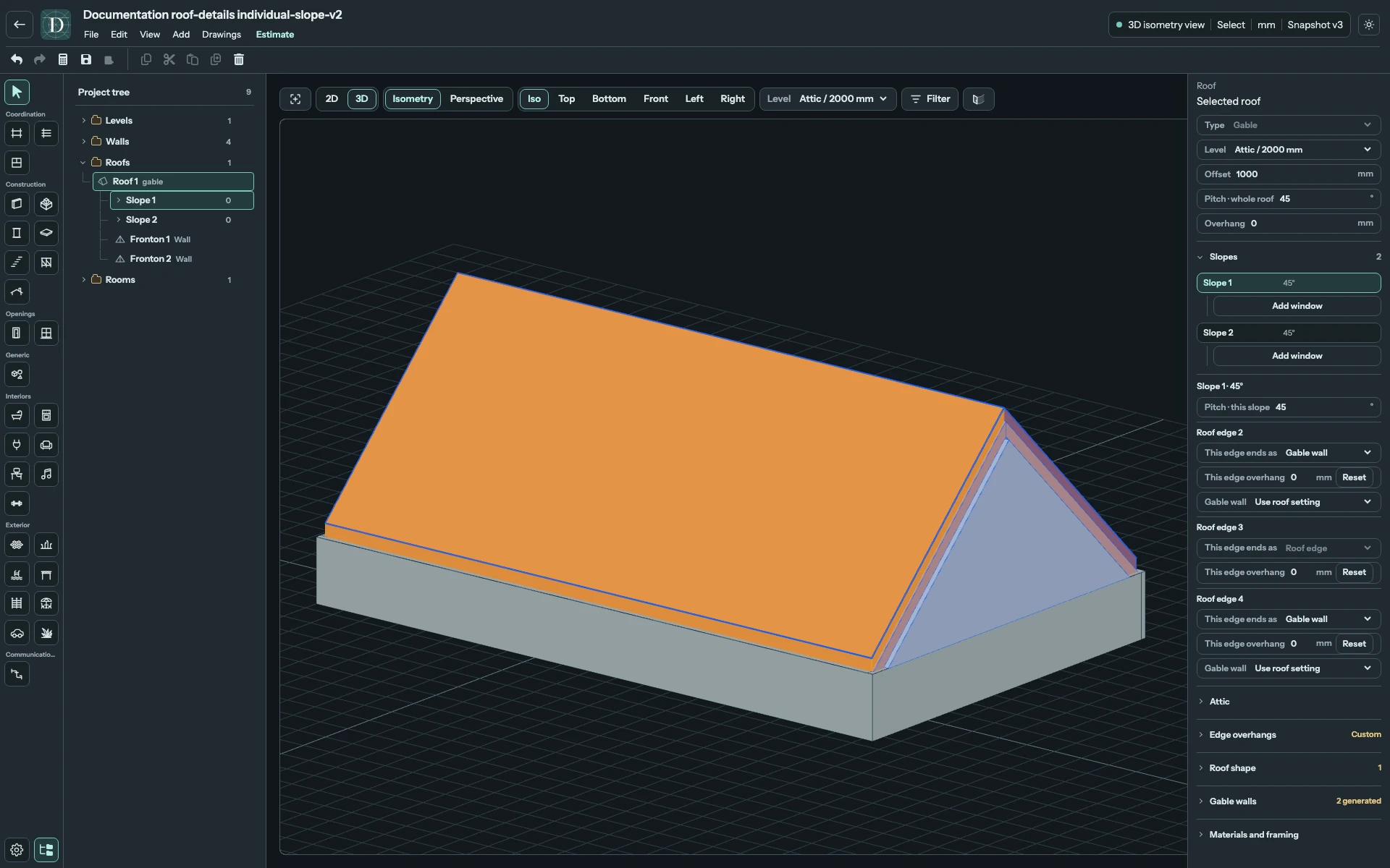 Complete 3D editor showing the original symmetrical Gable before editing one slope.