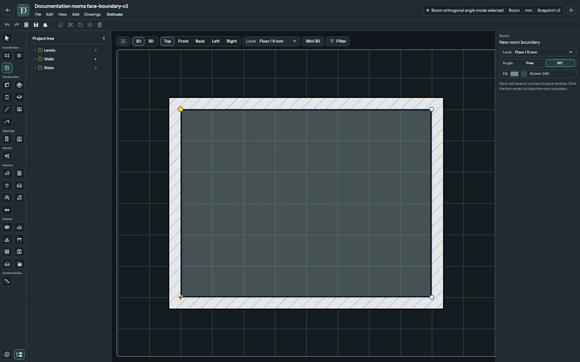 During drawing: the preview joins the placed corners and the next physical-face target. Complete editor focused on four enclosing Walls while a Room boundary is being traced along their inner faces.