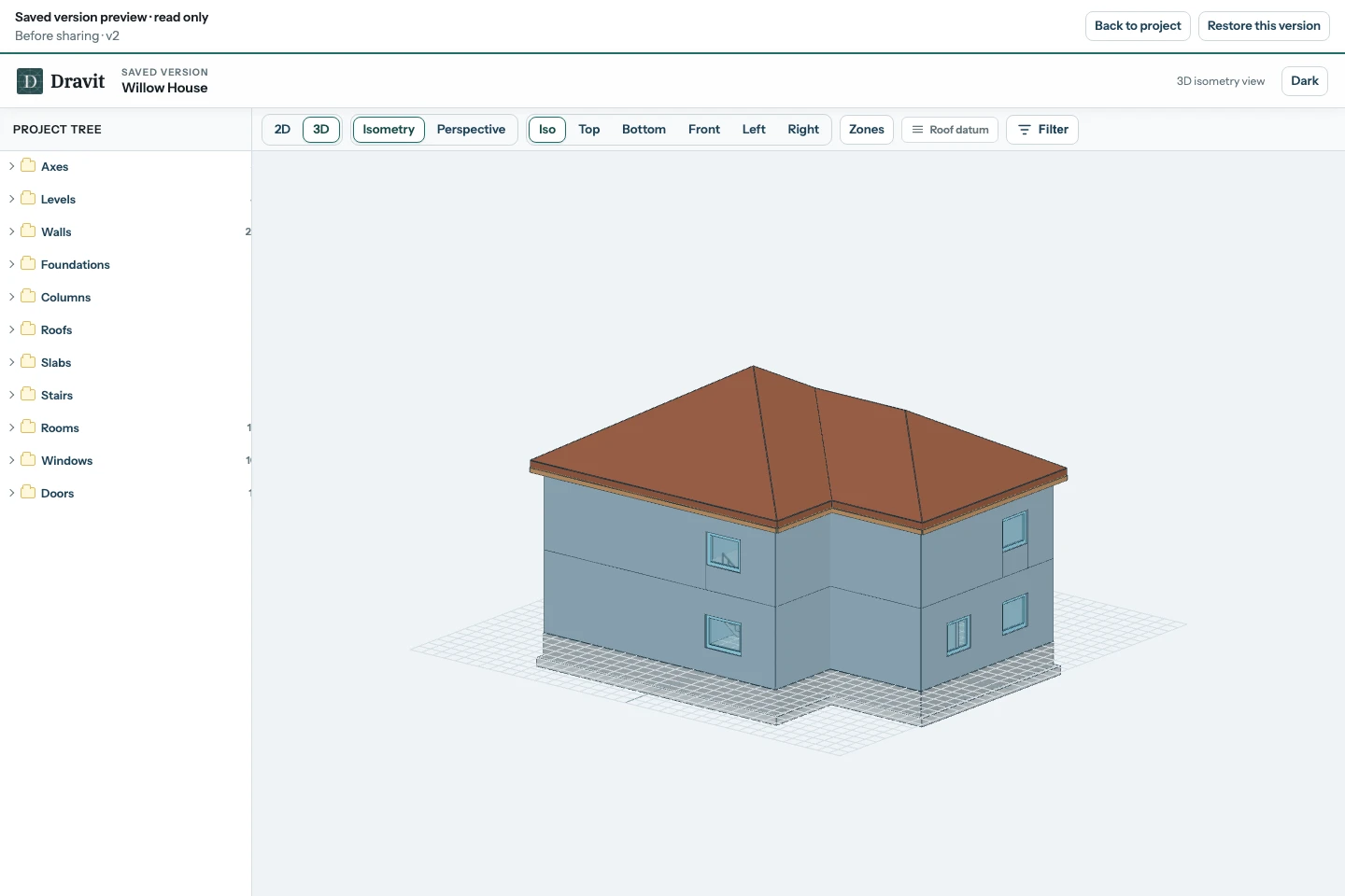 Willow House in the separate saved-version preview, with the read-only banner, Project tree and 3D controls.