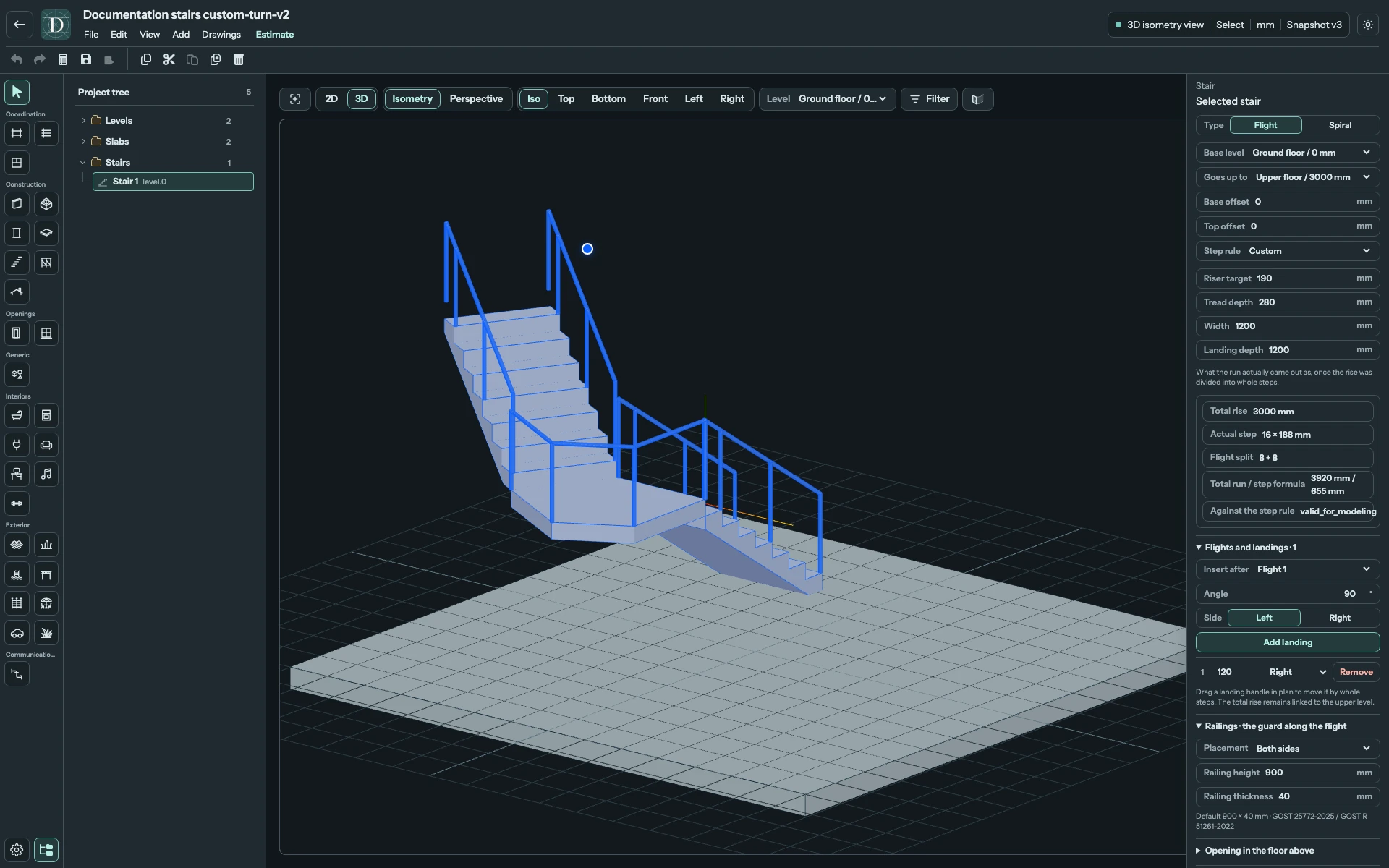 Complete 3D editor showing the same 120-degree Stair with the angled landing and both railings.