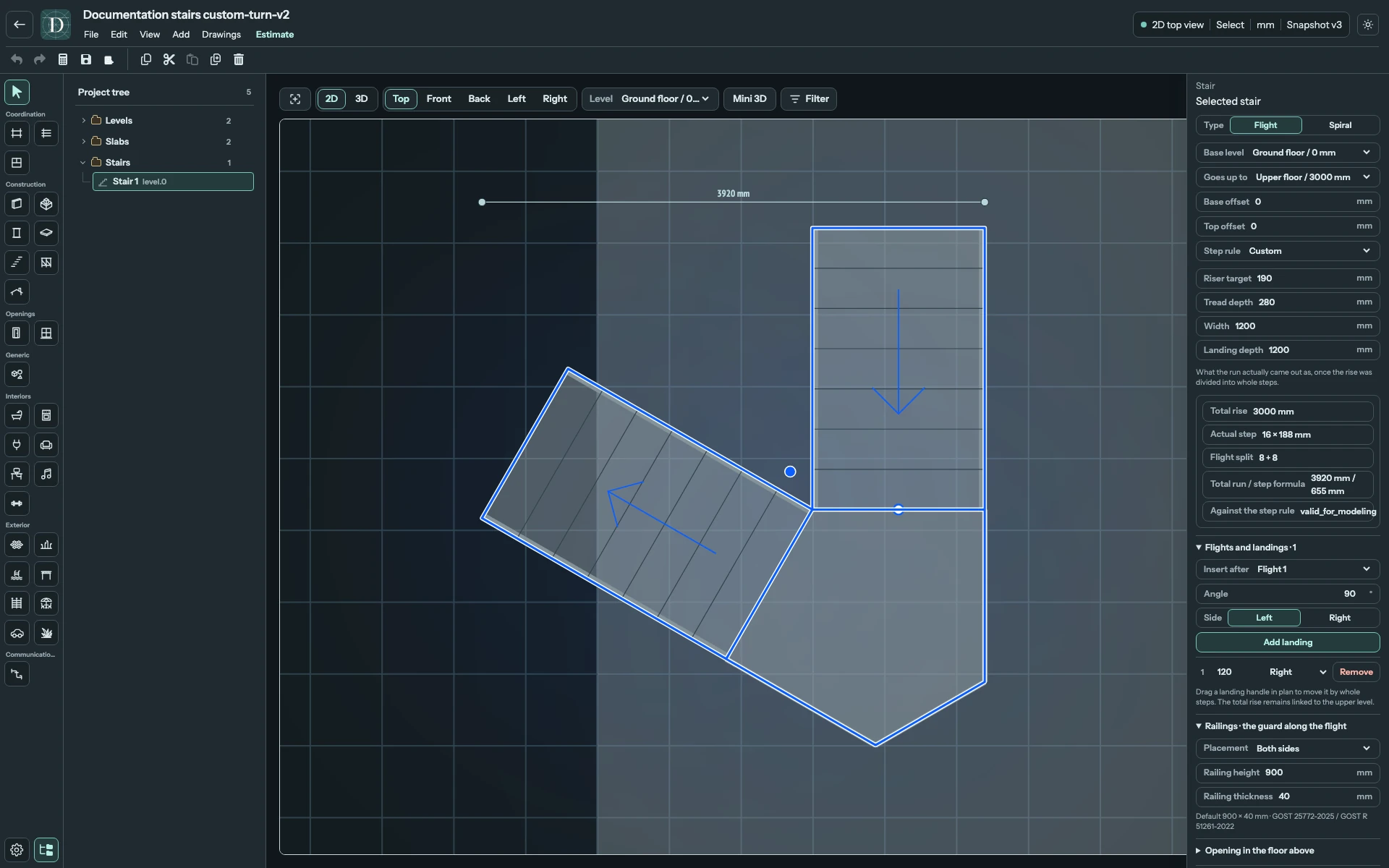 Complete Top editor showing a Stair with one 120-degree right turn and a landing fitted between the angled runs.