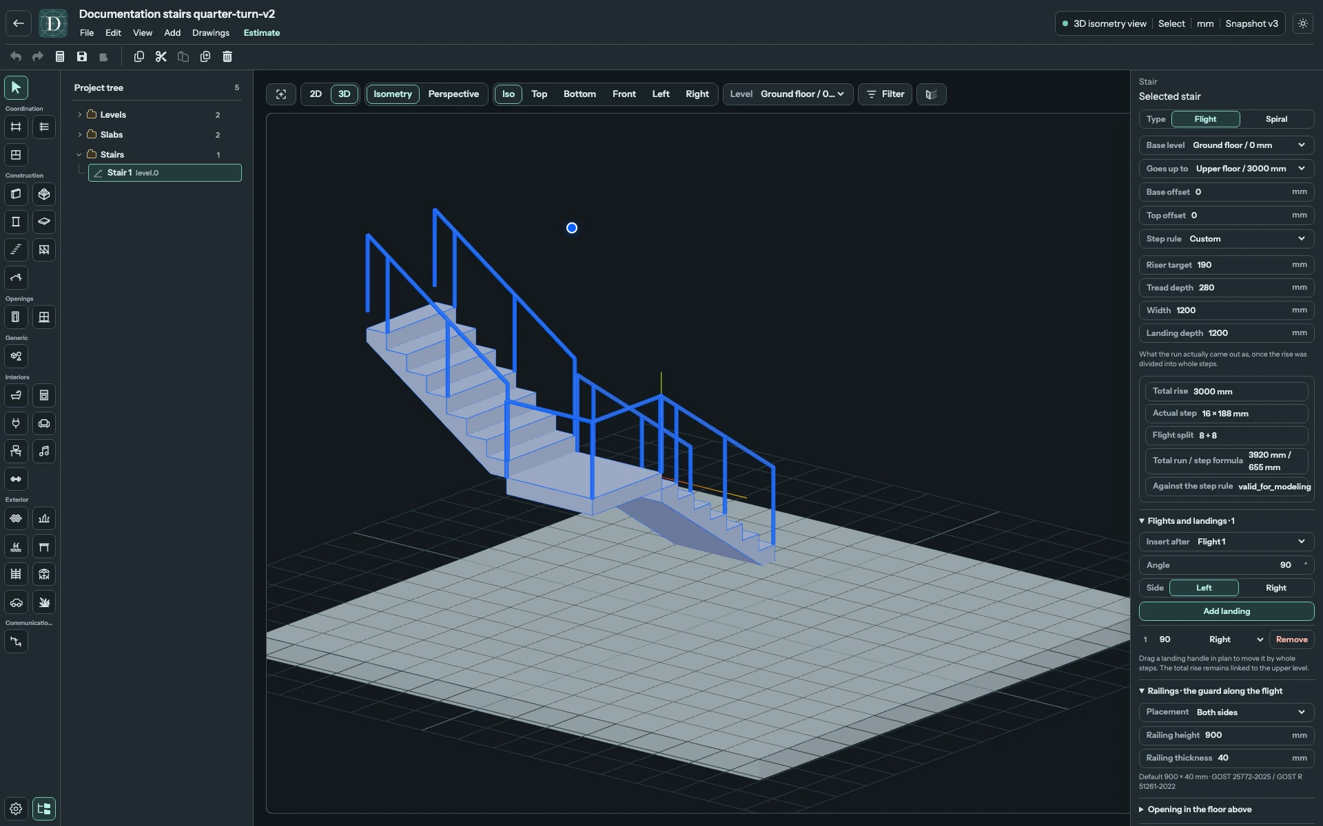 Complete 3D editor showing the same quarter-turn Stair with a horizontal landing and railings following both runs.