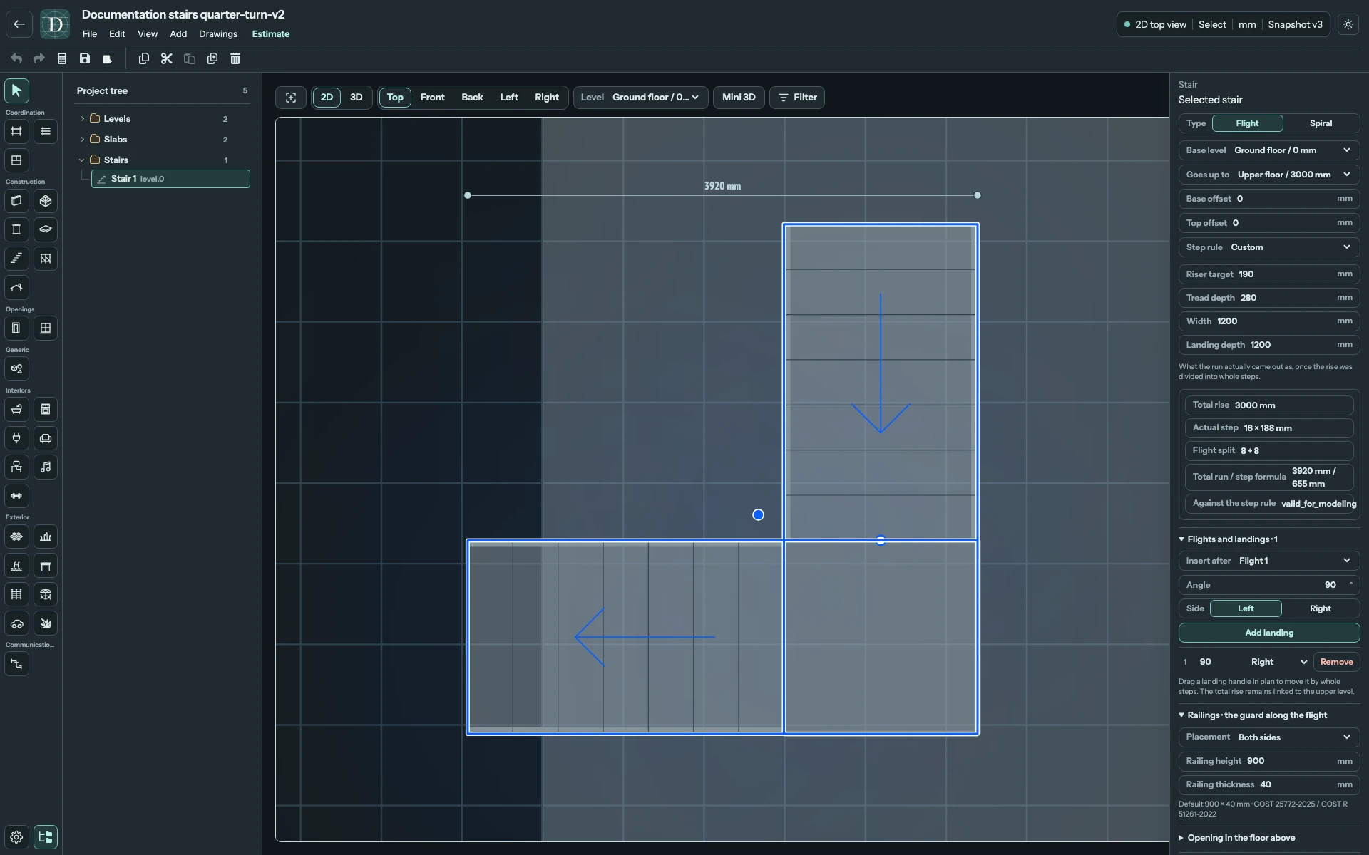Complete Top editor showing an L-shaped Stair with one existing 90-degree right landing and an 8 plus 8 riser split.