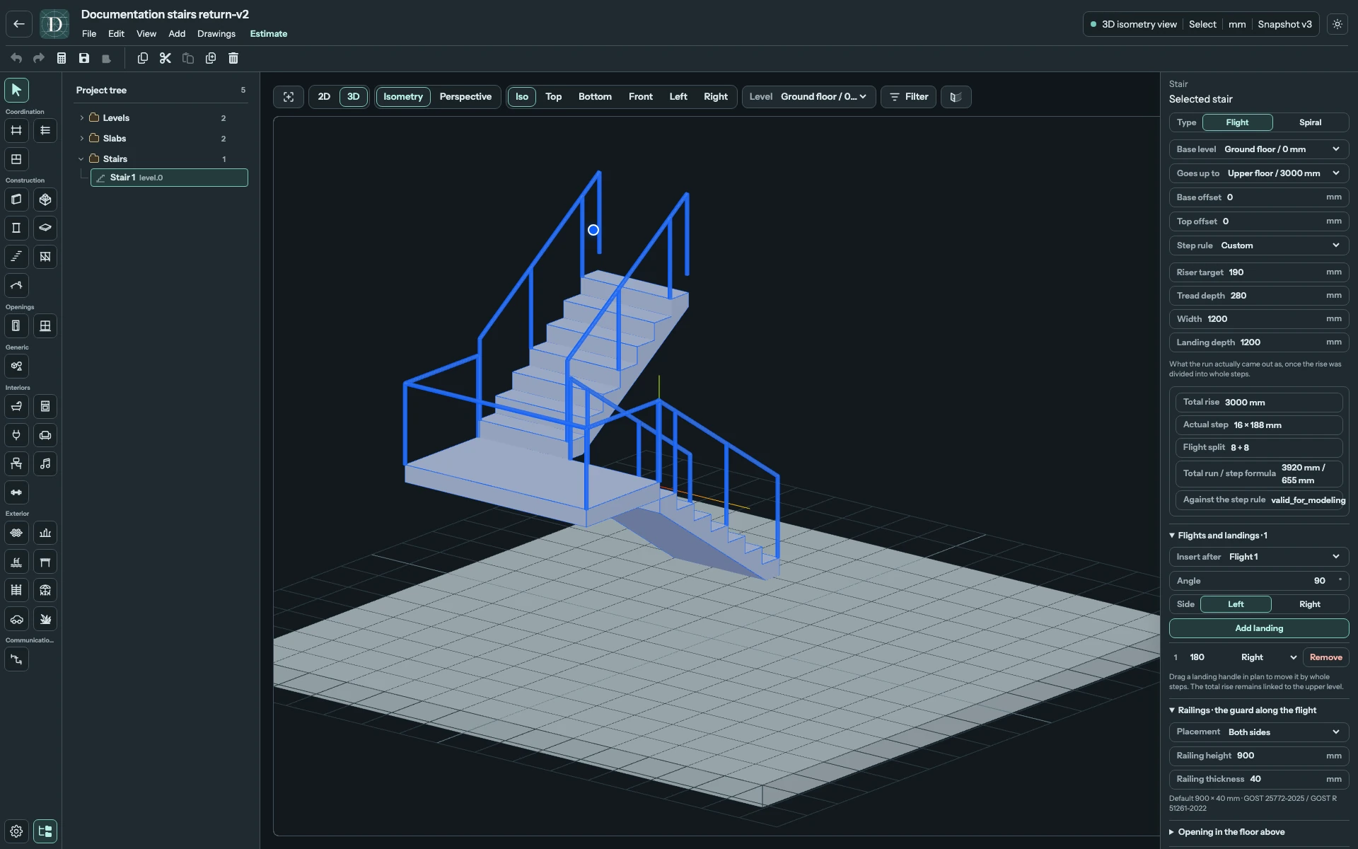 Complete 3D editor showing the same return Stair, its wide landing and separate lower and upper runs.