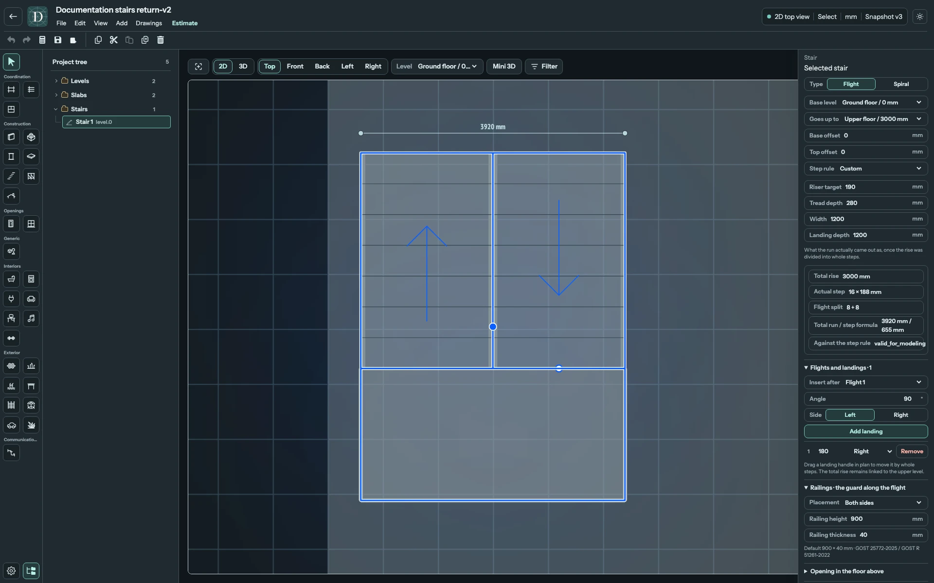 Complete Top editor showing a return Stair with parallel runs, opposing ascent arrows and one 180-degree right landing.