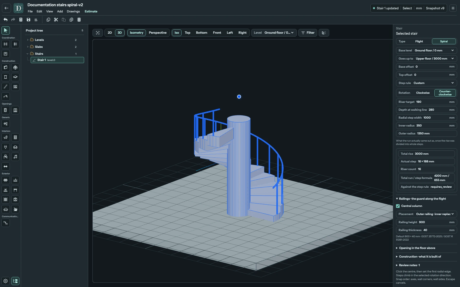 Complete 3D editor showing the same Spiral with Central column checked, a solid 700 mm diameter center and the outer railing retained.