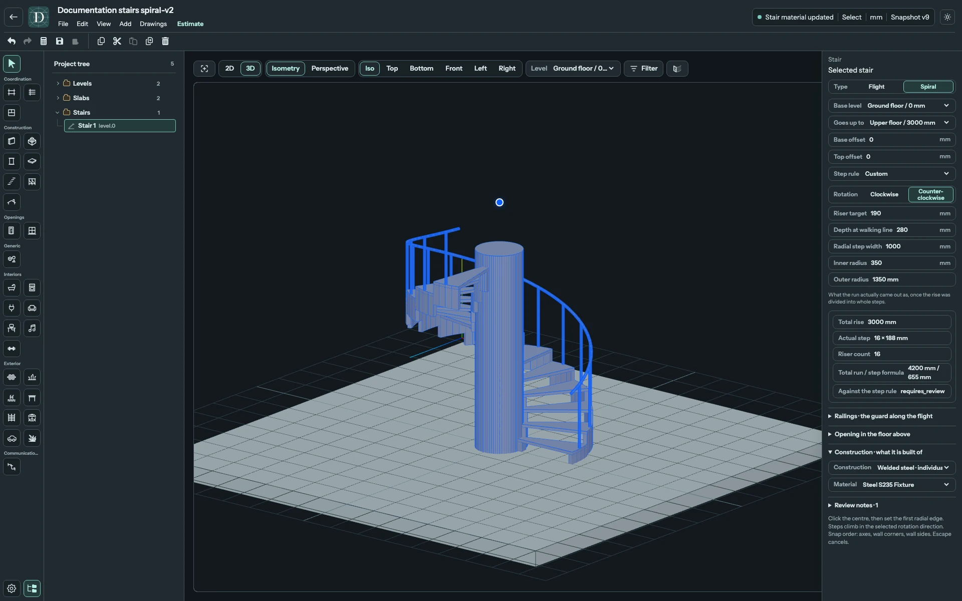 Complete 3D editor showing the same Spiral changed to Welded steel with individual treads, its central column and a compatible steel material selected.