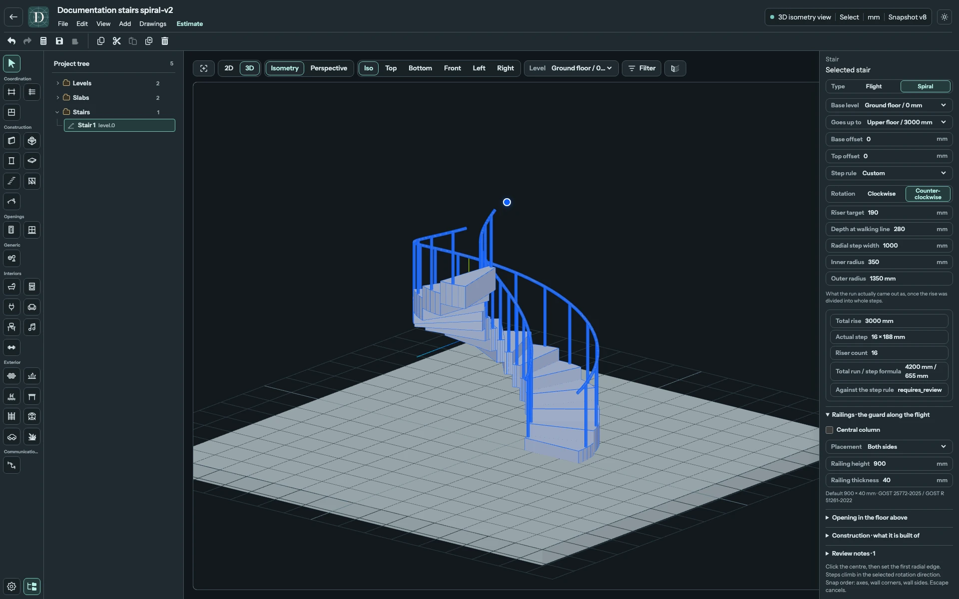 Complete 3D editor showing the same monolithic Spiral with its central space open and both inner and outer railings.